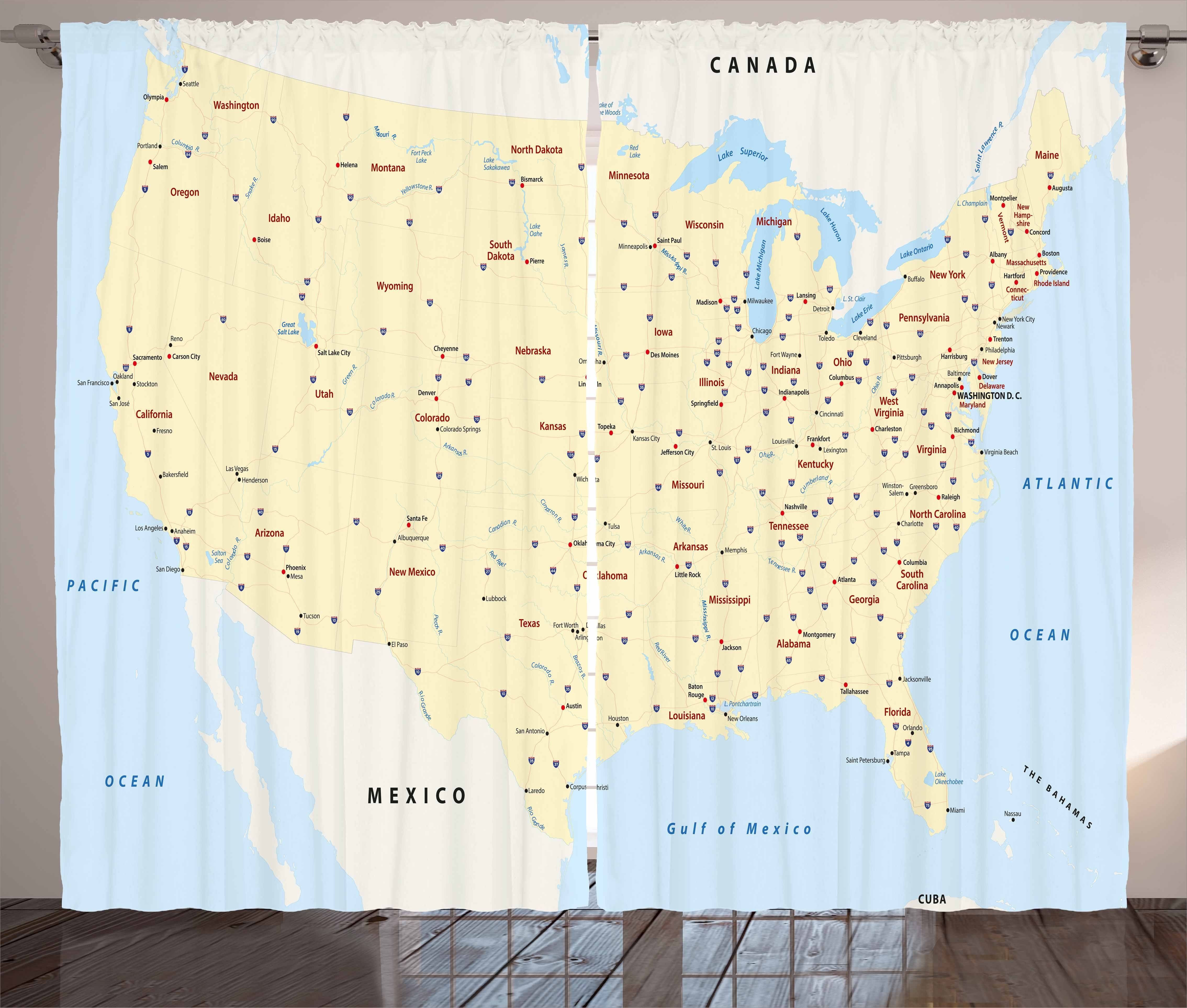 Gardine Schlafzimmer Kräuselband Vorhang mit Schlaufen und Haken, Abakuhaus, Karte Amerika Städte Interstate