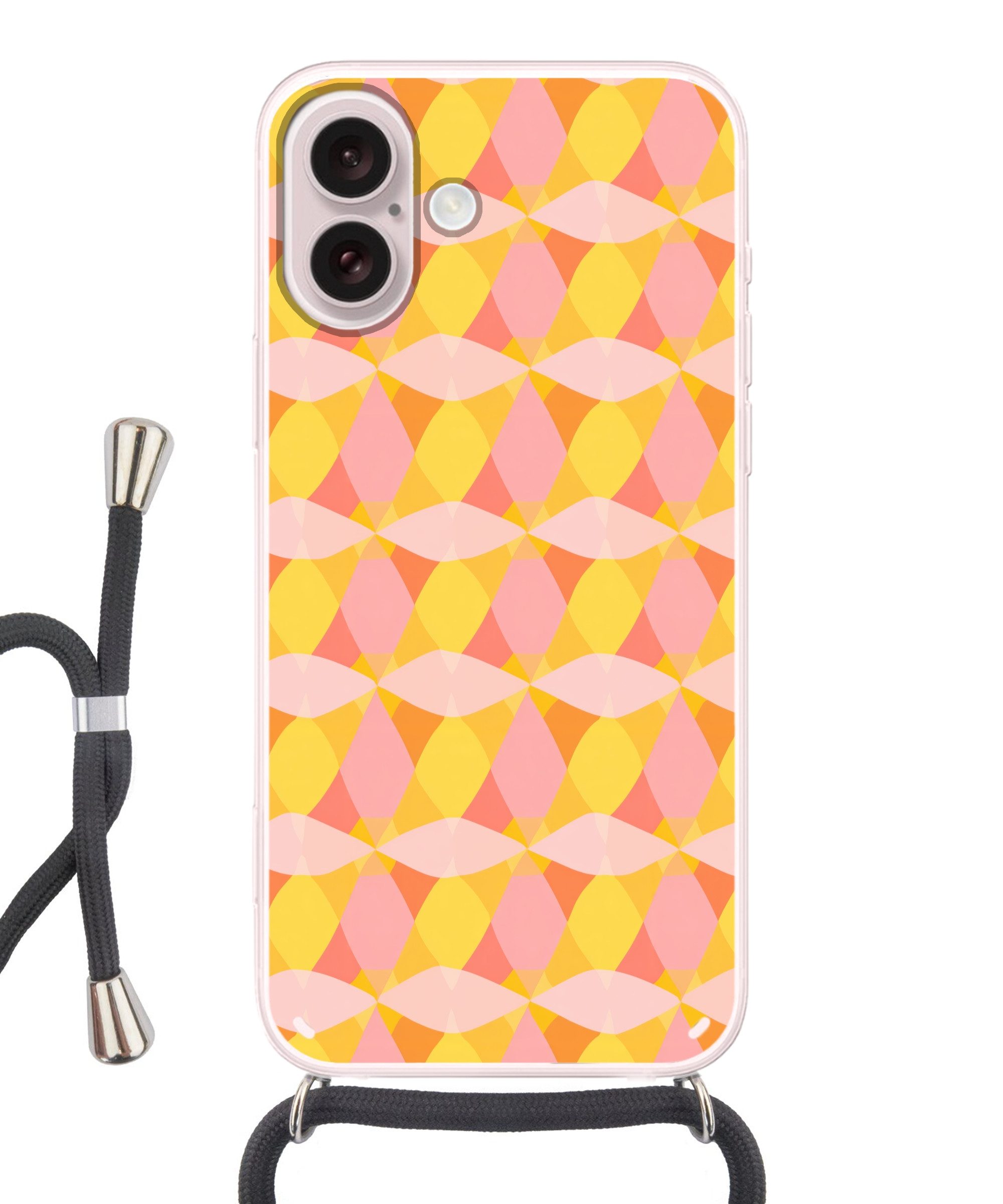MuchoWow Handyhülle für Apple iPhone 16 Bunt - Schachbrettmuster - Blattformen, Tragbare Handyhüllen mit Kette zum umhängen, Handykette Handyband