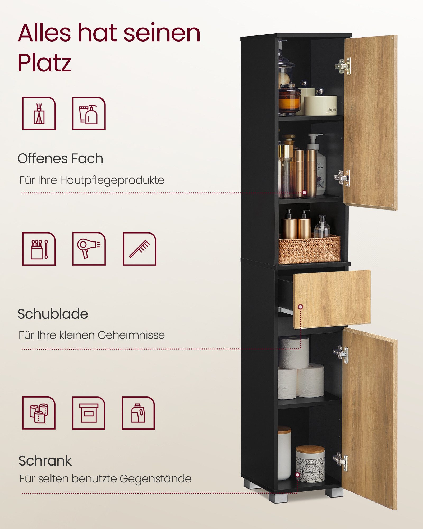 VASAGLE Badkommode Badezimmerschrank Badschrank verstellbare Ablagen, 30 x 30 x 170,2 cm, mit einer Schublade, Badezimmermöbel, offenes Fach – Bild 3 von 5