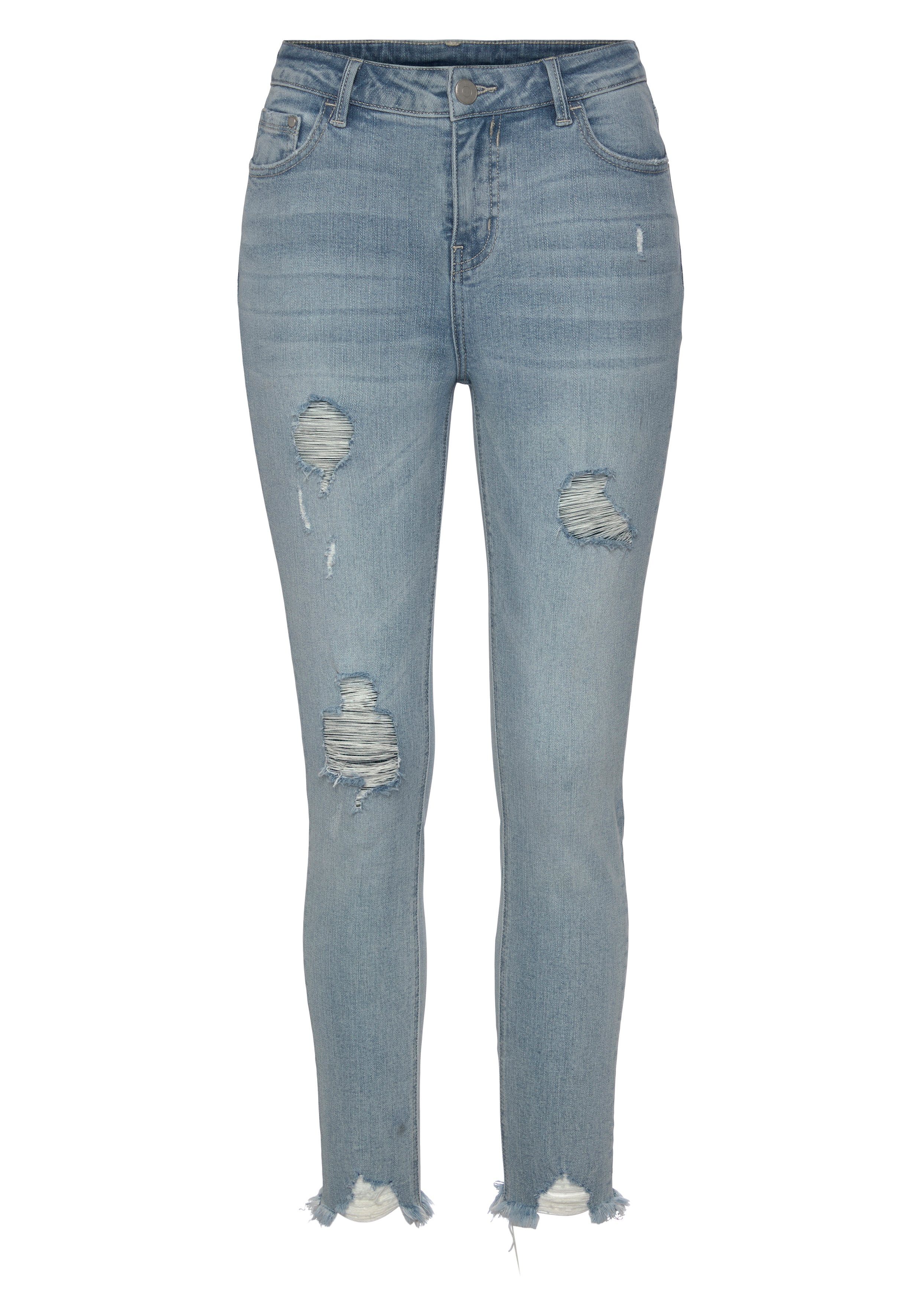 Beinabschluss ausgefranstem blue-washed Destroyed-Jeans mit Buffalo
