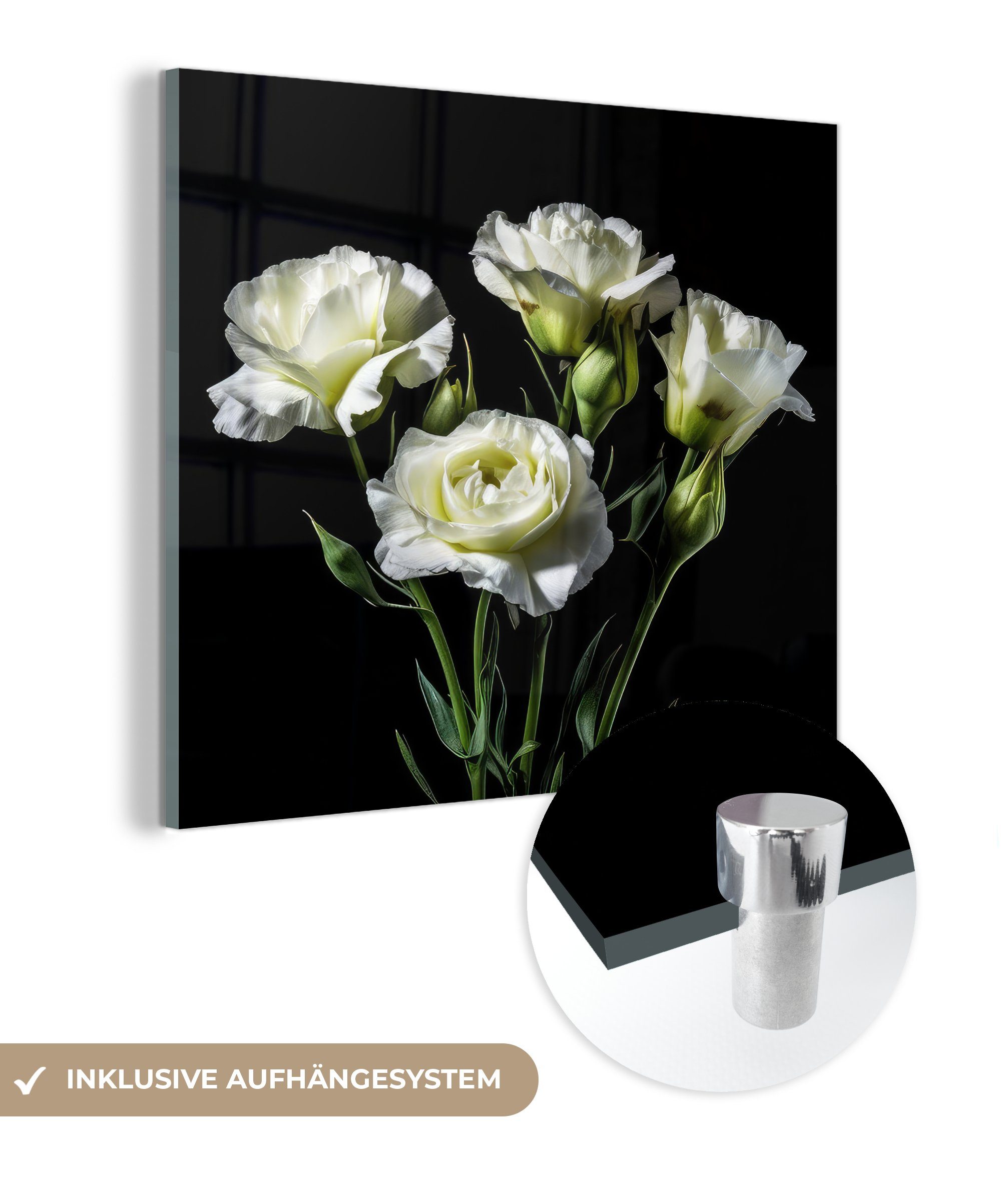 MuchoWow Acrylglasbild Blumen - Rosen - Weiß - Botanisch - Schwarz, (1 St), Glasbilder - Bilder auf Glas Wandbild - Foto auf Glas - Wanddekoration
