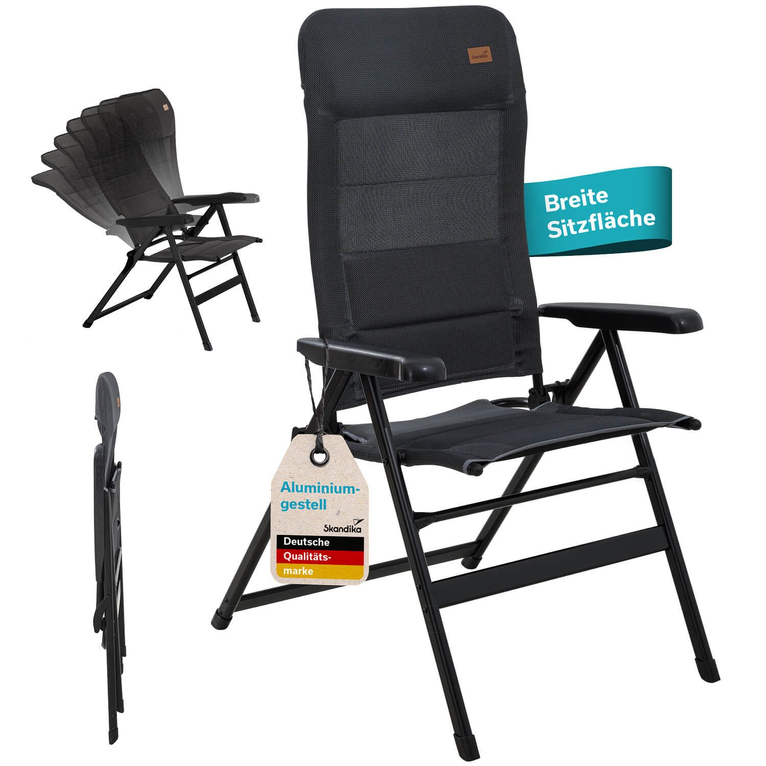 Skandika Campingstuhl Campingstuhl Lepola XL, faltbar aus Aluminium, Alu-Gartenstuhl, verstellbare Rückenlehne, gepolstert, klappbar, hohe Lehne, bis 180 kg