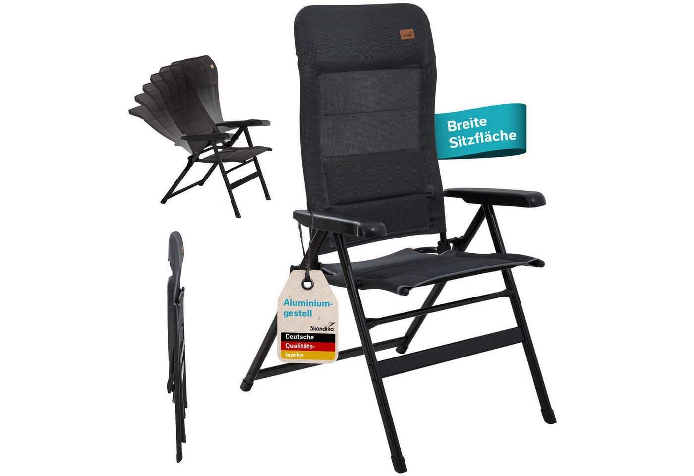 Skandika Campingstuhl Lepola XL, faltbar aus Aluminium, Alu-Gartenstuhl (Anti-Rutsch-Füße), verstellbare Rückenlehne, gepolstert, klappbar, hohe Lehne, bis 180 kg