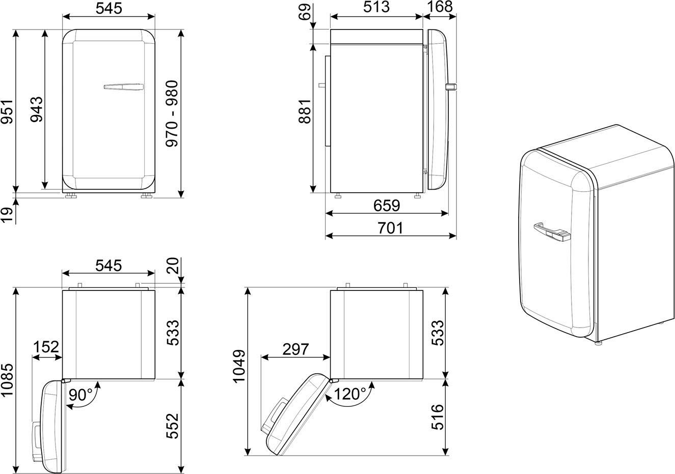 breit 54,5 cm 97 Smeg hoch, FAB10LOR5, Kühlschrank cm