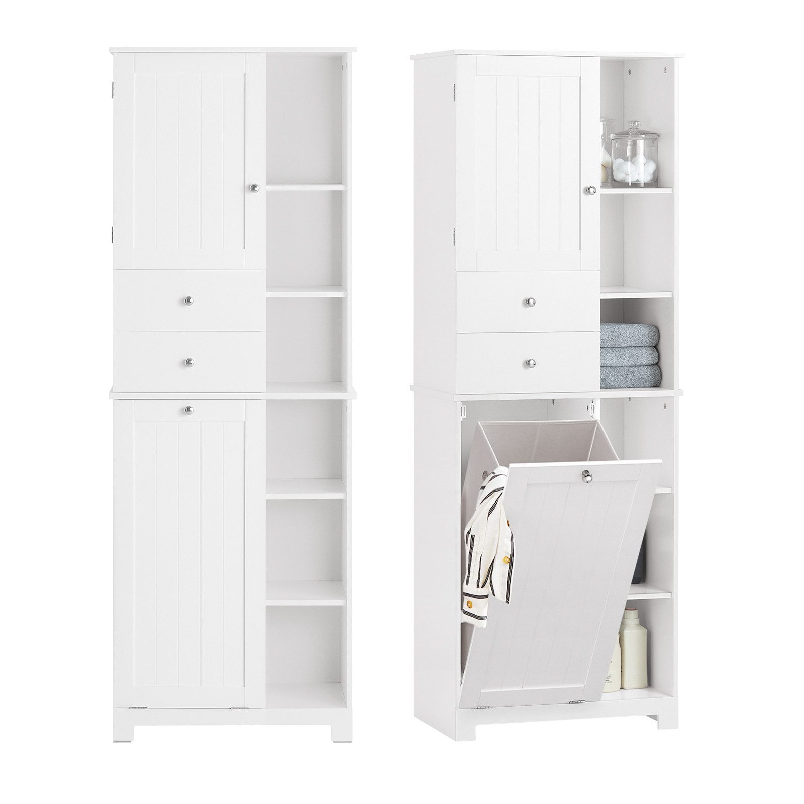 SoBuy Hochschrank BZR104, Badezimmerschrank, 4-in-1 Badkommode, Aufbewahrungsschrank Wäscheschrank, offenen Fächern, mit Wäschekorb, Schrank für Badezimmer