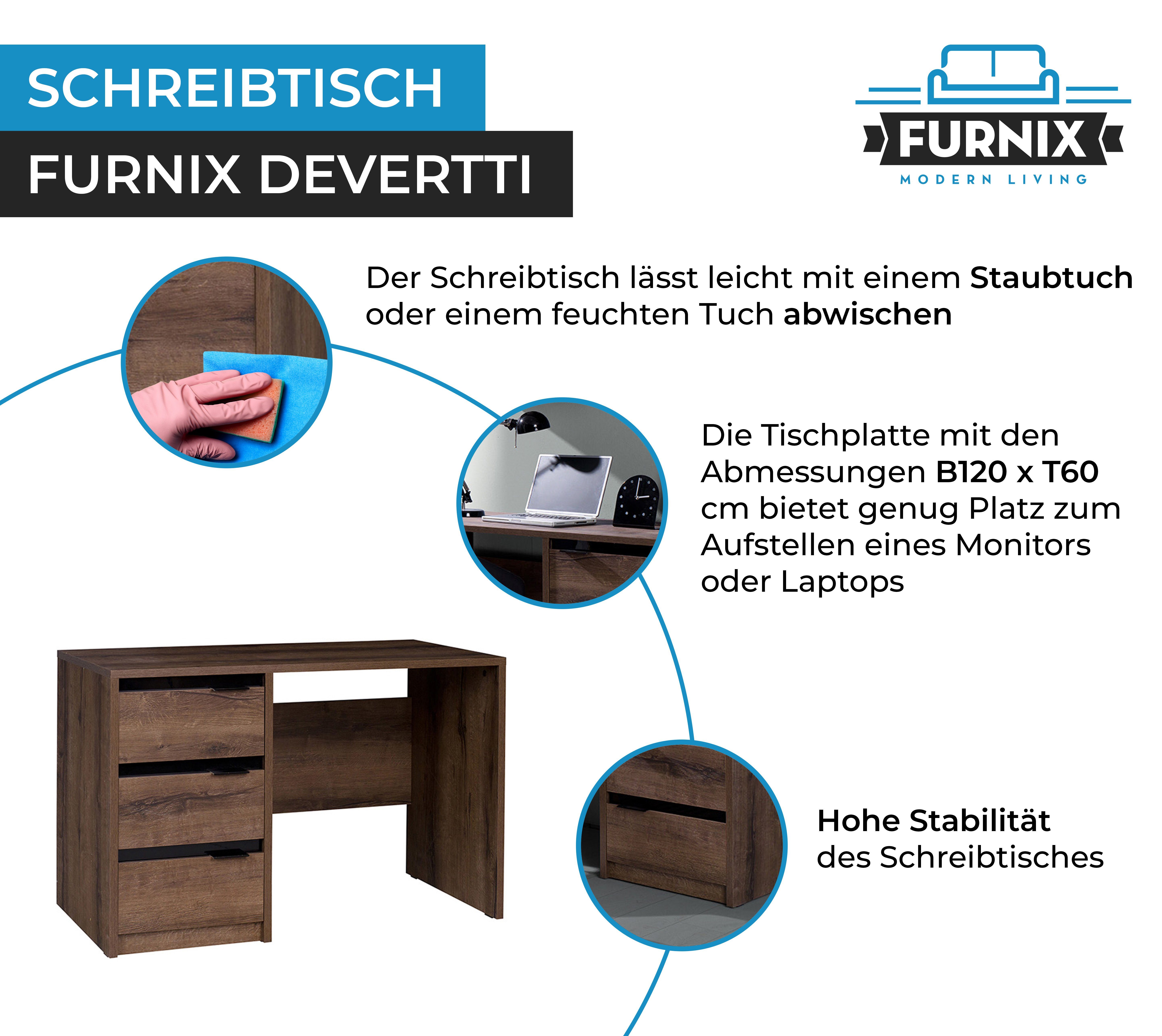Furnix Schreibtisch x cm T60 Monastery-Schwarz Schubladen, H77 Maße DEVERTTI Glanz 3 mit B120 x