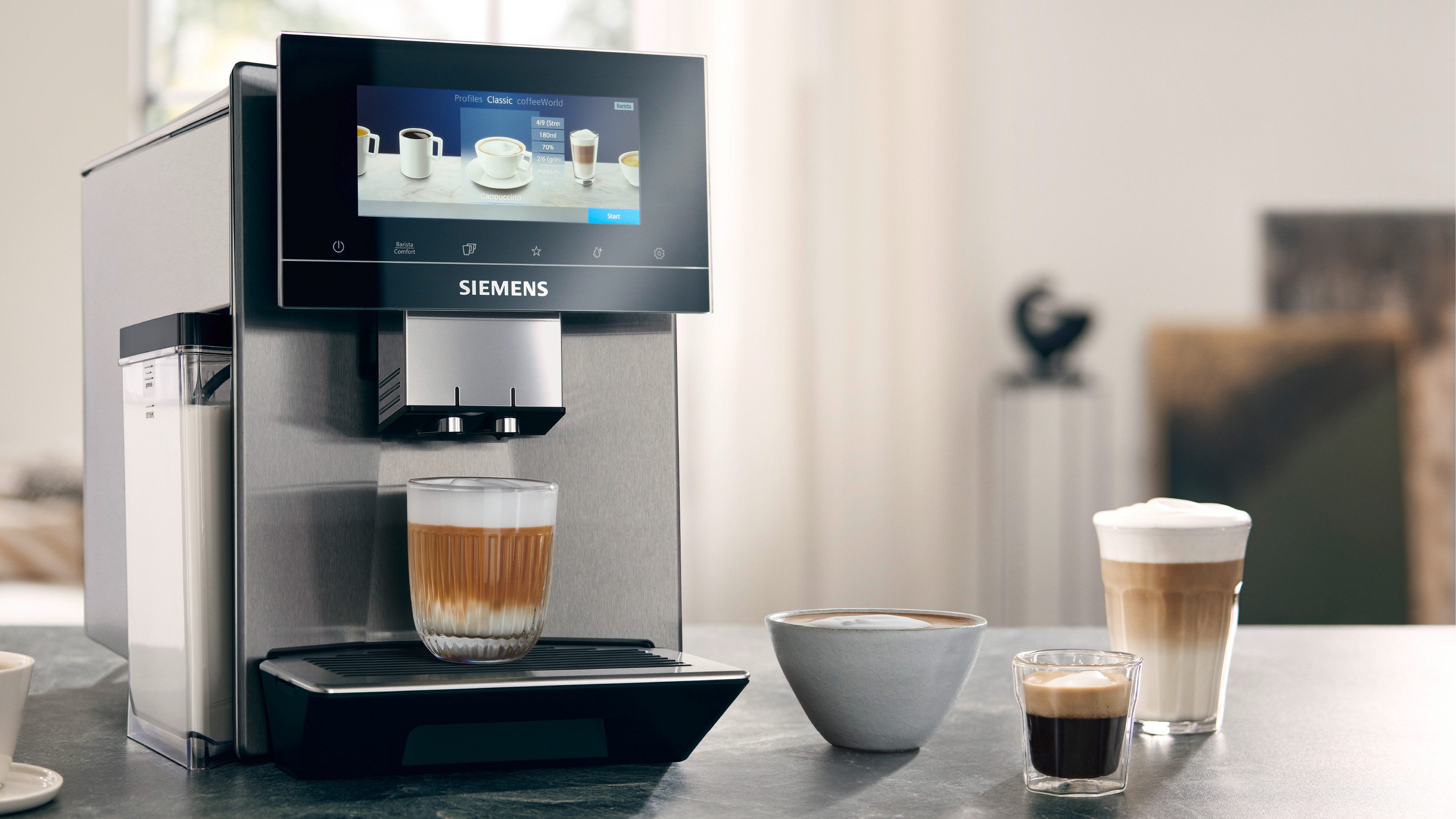 SIEMENS Kaffeevollautomat EQ900 TQ905D03, intuitives 6,8" TFT-Display, Barista-Modus, AromaBoost, App-Steuerung, Geräuschreduzierung,10 Profile, edelstahl