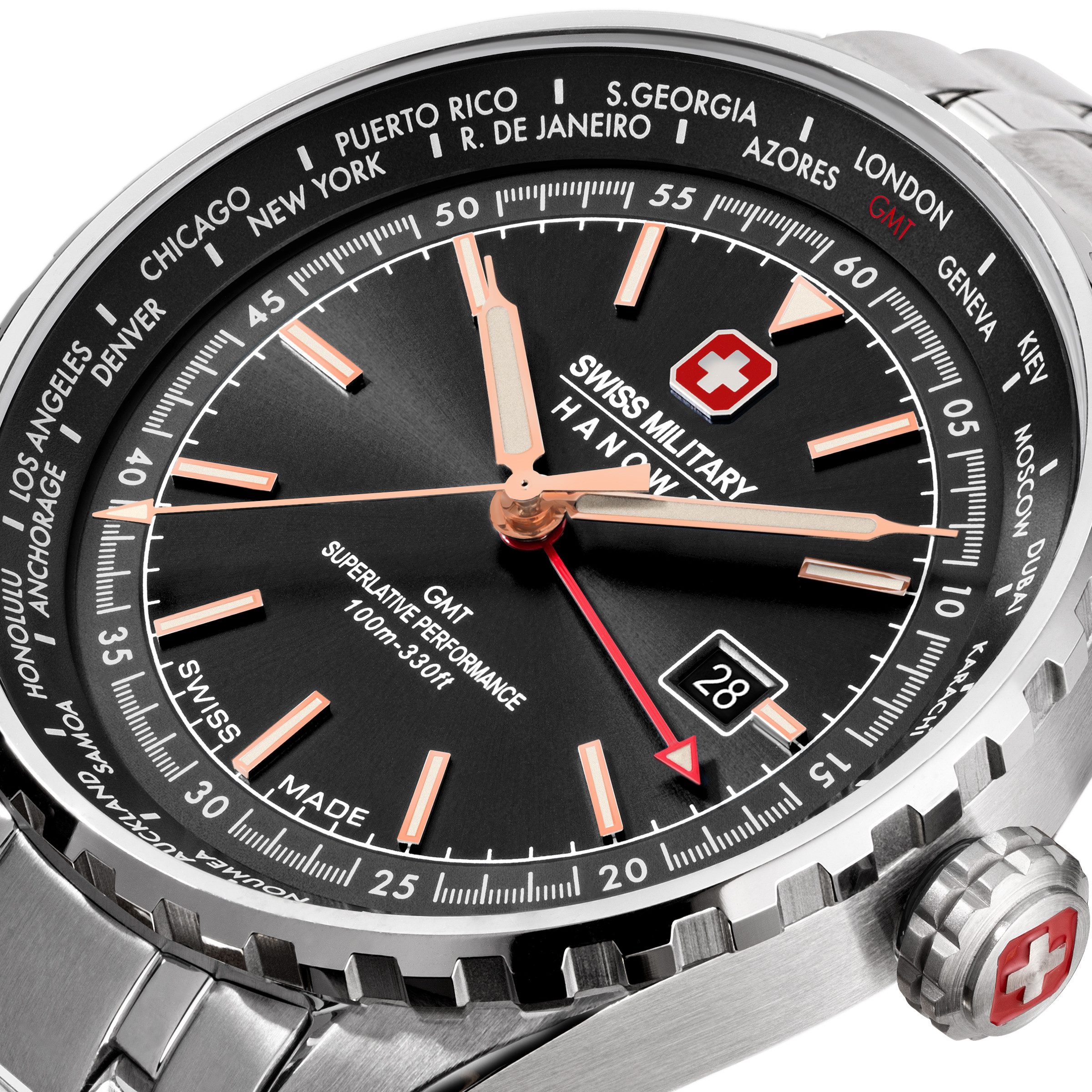 Swiss Military Hanowa Quarzuhr Afterburn GMT SMWGH0003203, Armbanduhr, Herrenuhr, Swiss Made, Edelstahlarmband, analog, Tag