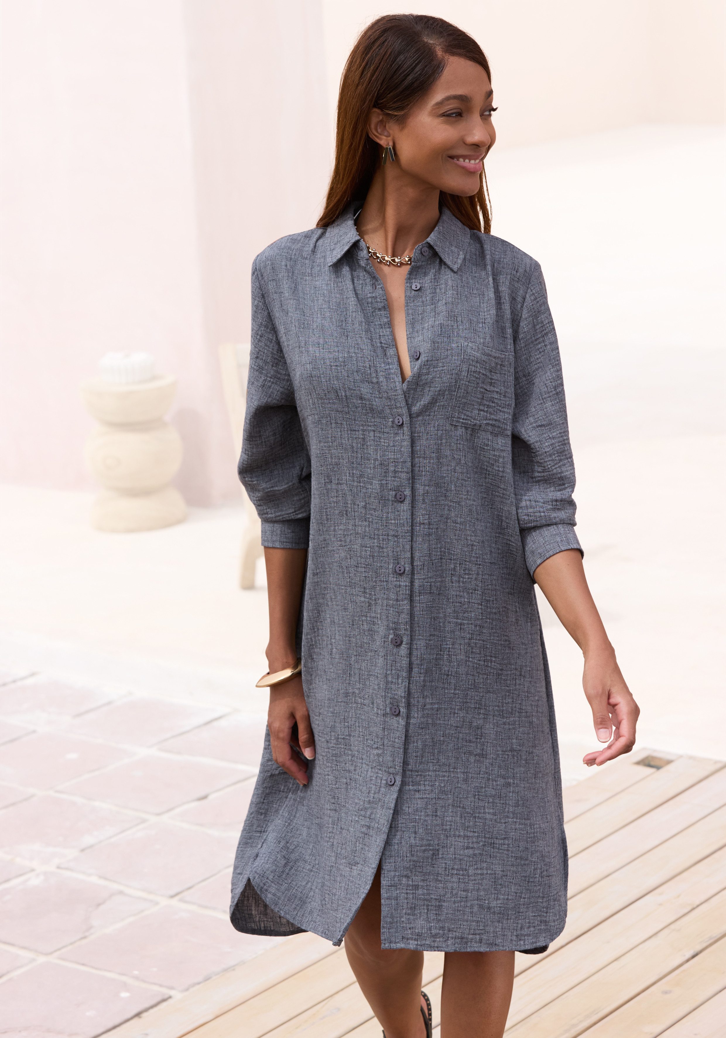 Buffalo Longbluse aus strukturierter Webware mit Melange-Optik luftiges Strandkleid, Sommerkleid aus sommerlich leichter Qualität