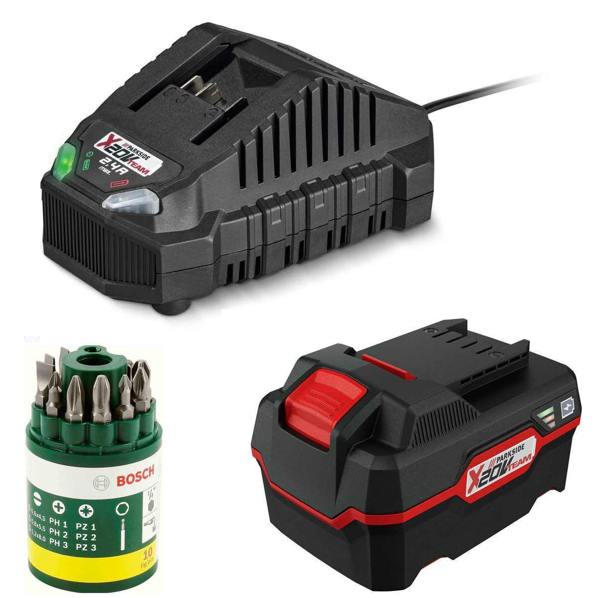 Parkside Akku 20 V 4.0 Ah PAP 20 + Ladegerät + Bosch 10 tlg. Bitset Akku Starter-Set