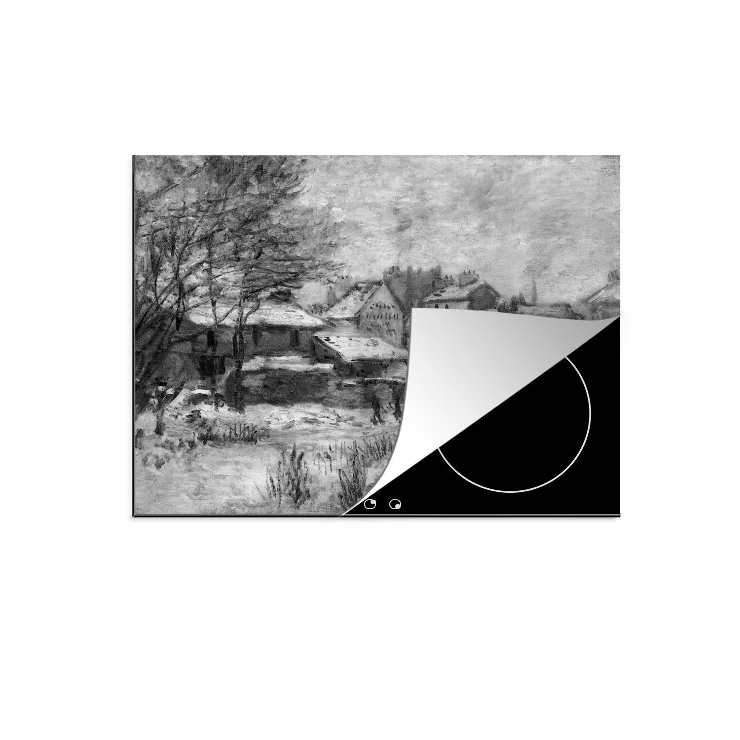 MuchoWow Herdblende-/Abdeckplatte Schneeeffekt mit untergehender Sonne - Gemälde von Claude Monet in, Vinyl, (1 tlg), 60x52 cm, Mobile Arbeitsfläche nutzbar, Ceranfeldabdeckung