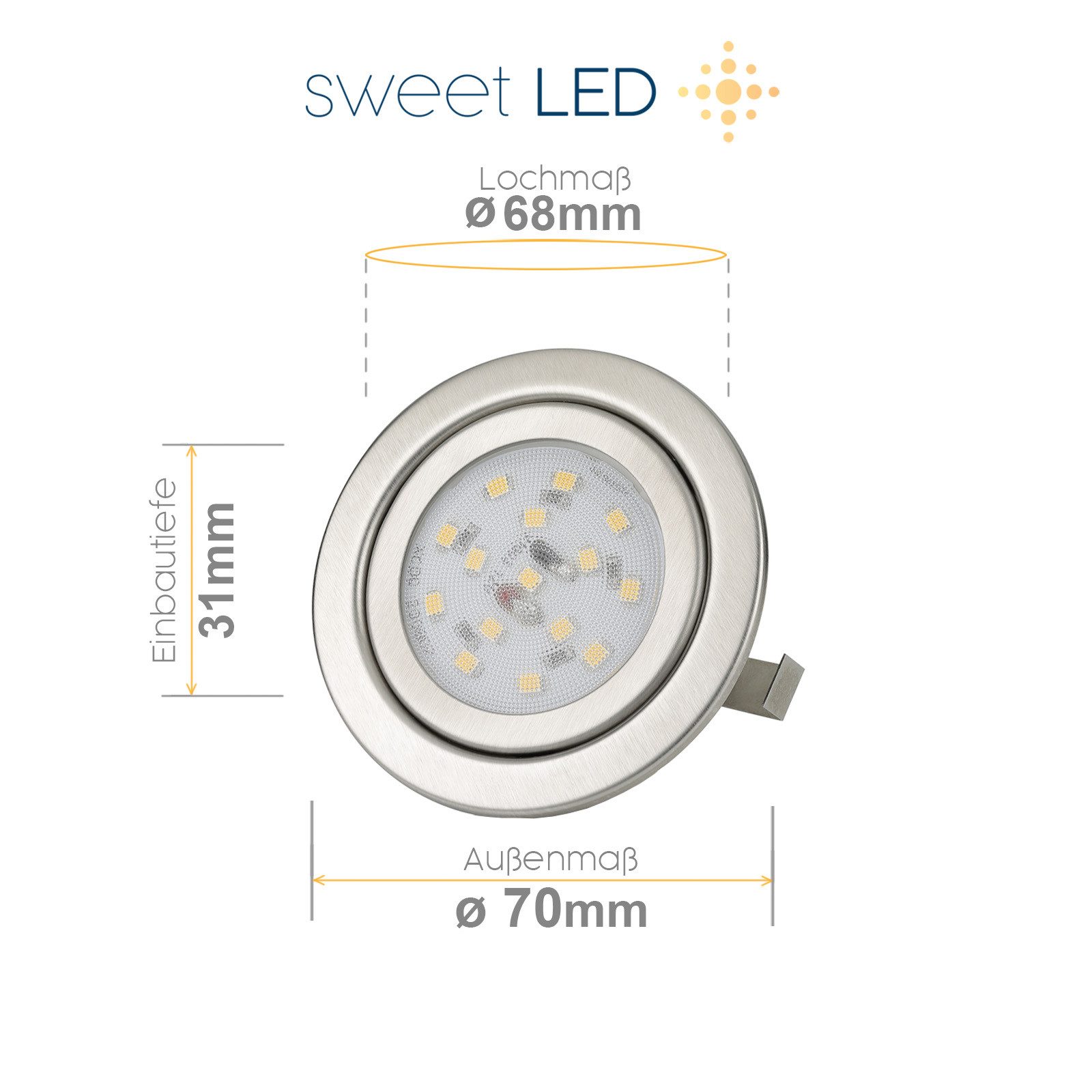 Sweet LED LED Einbaustrahler 4er Set Möbel rund chrom-gebürstet Einbauspots 230V, 3000K-Warmweiß, Deckenspots, Deckenstrahler,Einbauleuchten