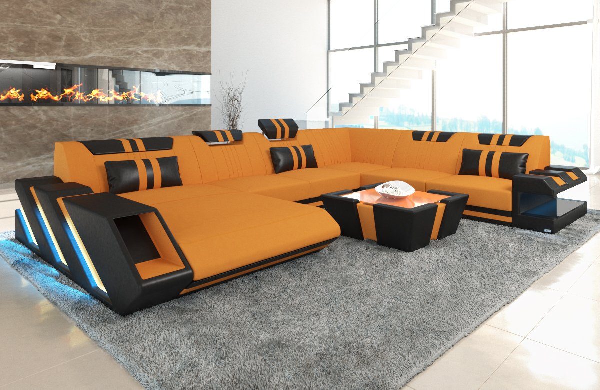 Sofa Dreams Wohnlandschaft Polster Sofa Stoff Couch Apollonia XXL U Form Stoffsofa, mit LED, wahlweise mit Bettfunktion als Schlafsofa, Designersofa C87 Apricot-Schwarz