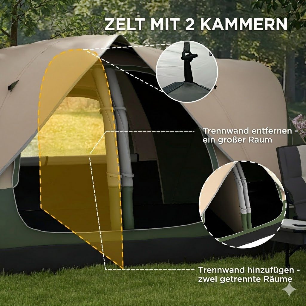 kowdom Hauszelt Campingzelt 6-8 Personen, 2 Schlafzimmer, 2000 mm wasserdicht, Personen: 8 (Campingzelt, Komplettzelt für 6-8 Personen mit Zubehör), Familienzelt, 6-8 Personen, 2000 mm wasserdicht, 2 Schlafzimmer