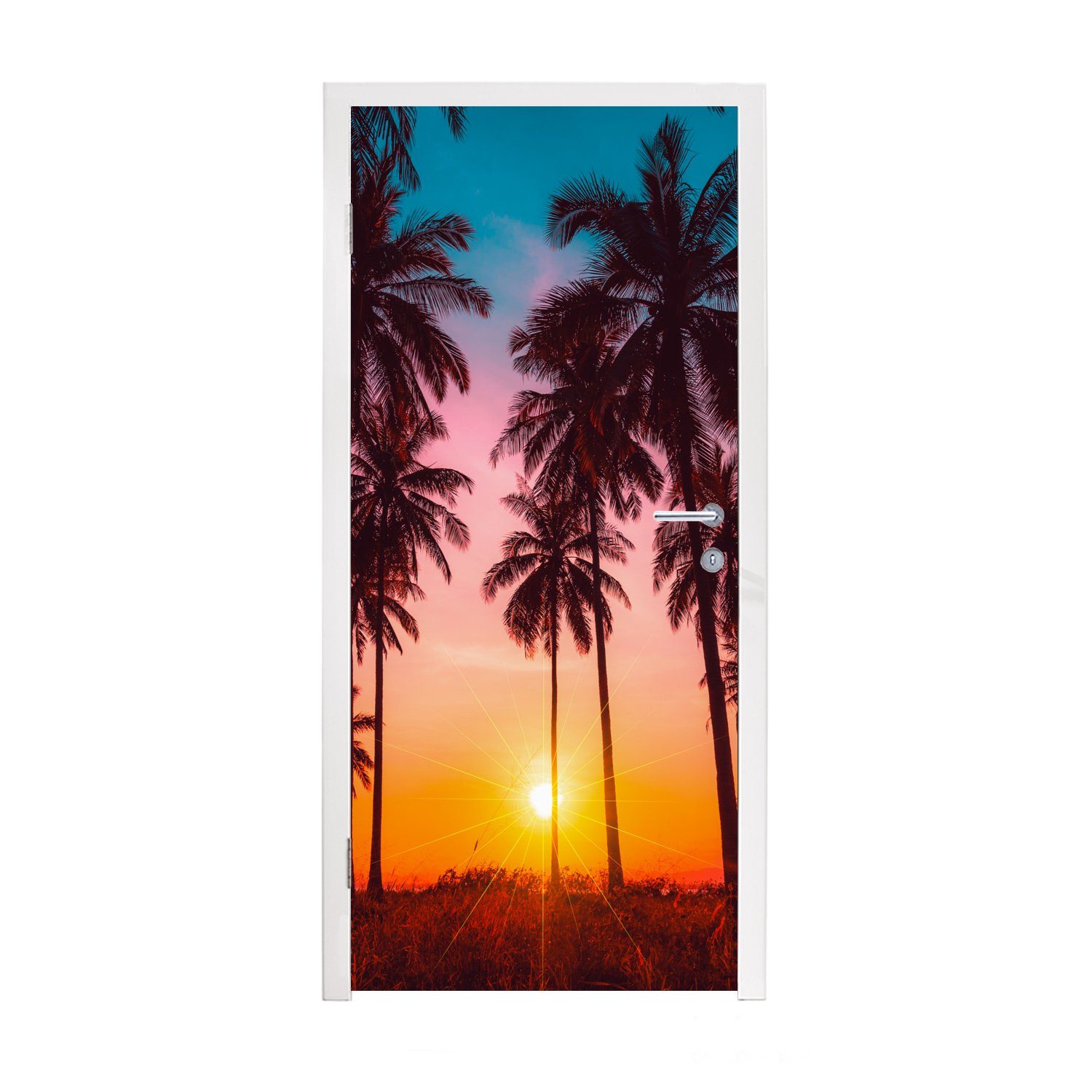 MuchoWow Türtapete Palme - Sonnenuntergang - Horizont - Strand - Orange - Rosa, Matt, bedruckt, (1 St), Fototapete für Tür, Türaufkleber, 75x205 cm