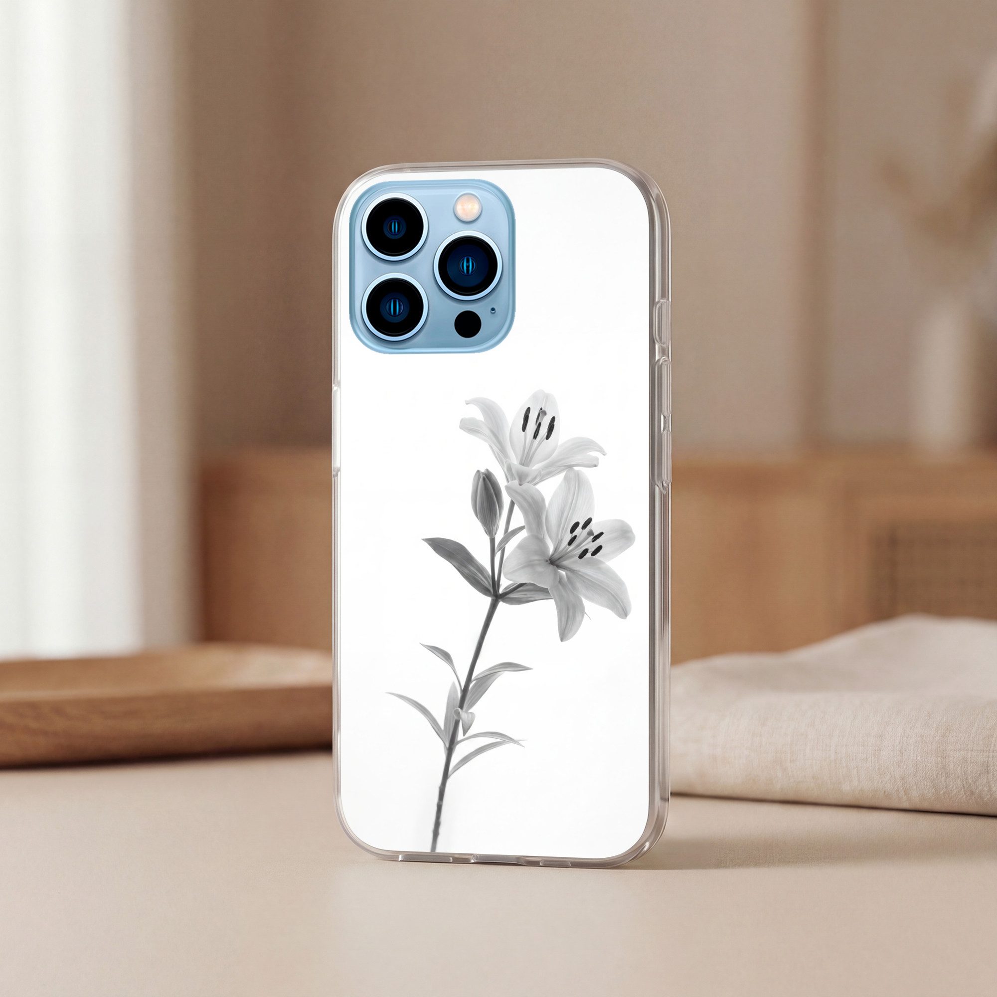 MuchoWow Handyhülle für Apple iPhone 13 Pro Lilien - Elegant - Schwarz - Weiß, Smartphone-Bumper, Print, Handy Schutzhülle Dünn
