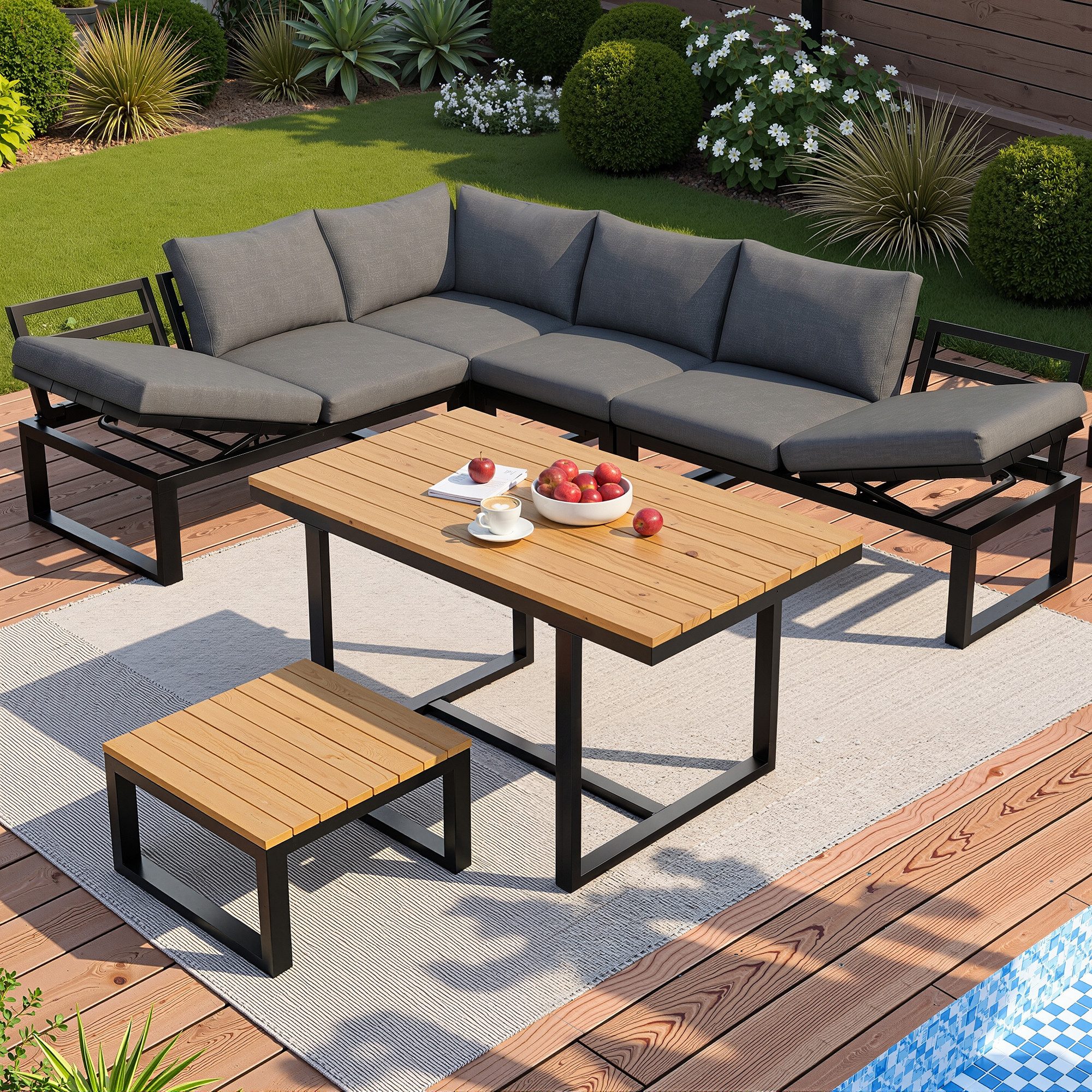 MC Star Gartenlounge-Set 6-teiliges ohne Armlehnen, mit verstellbarer Rückenlehne, (Ecksofa mit Tisch & Couchtisch, wetterfestes Stahlgestell, Sitzkissen in Grau, Outdoor Lounge für Balkon & Terrasse)