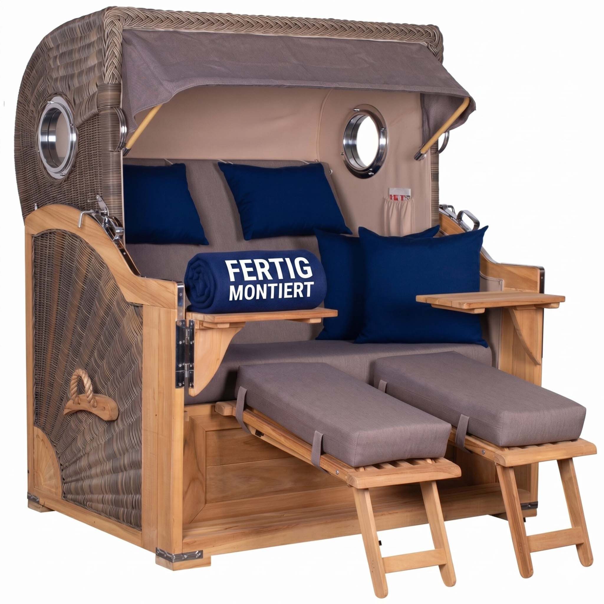 MR.DEKO Strandkorb XXL Baltikum 2,5-Sitzer Bullauge Teak PE Grey 142x170x95, BxTxH: 142x95x170 cm, Volllieger, Baltikum, (Wetterfester 2,5-Sitzer Strandkorb für Garten, Terrasse & Balkon), Volllieger mit Stauraum, Bullaugen & Edelstahl – komplett montiert