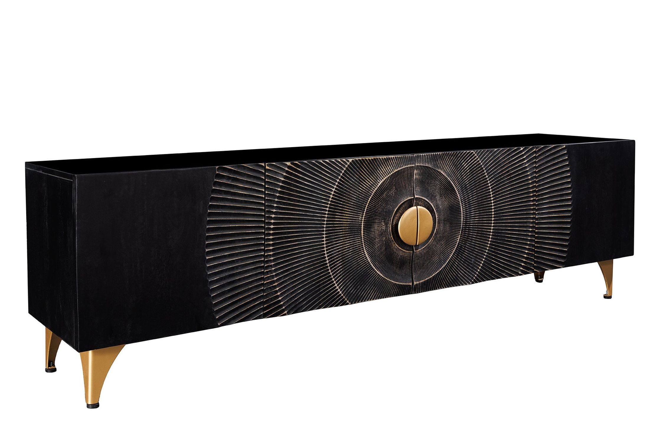 Licht-Erlebnisse TV-Board EIROS, 180 cm breit Schwarz Gold Handarbeit Holz Metall Ornament Türen