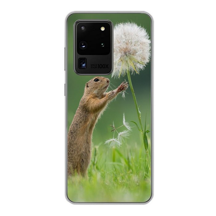 MuchoWow Handyhülle Eichhörnchen greift nach einem Löwenzahn von Fotograf Dick van Duijn Phone Case Handyhülle Samsung Galaxy S20 Ultra Silikon Schutzhülle