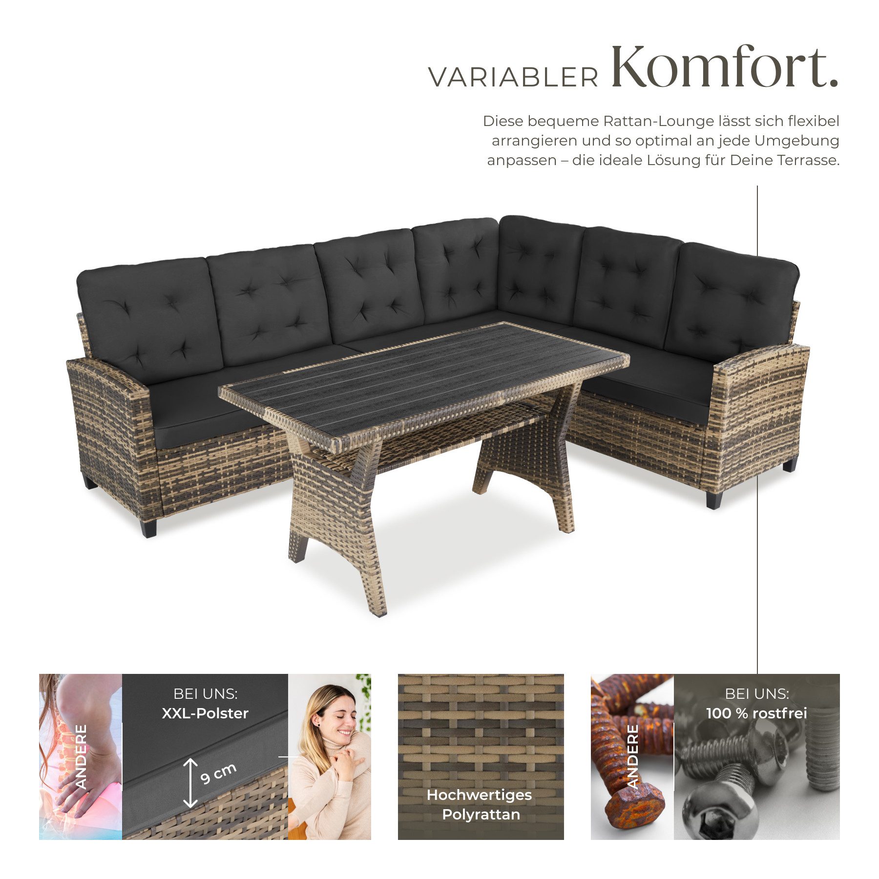 tectake Loungeset Rattan Sitzgruppe inkl. Tisch mit Schraubfüßen, für 6 Personen, (Gartenlounge-set Catania, 3-tlg., geeignet für Outdoor in Natur), widerstandsfähig und UV-beständig, Dicke der Sitzpolster 9 cm