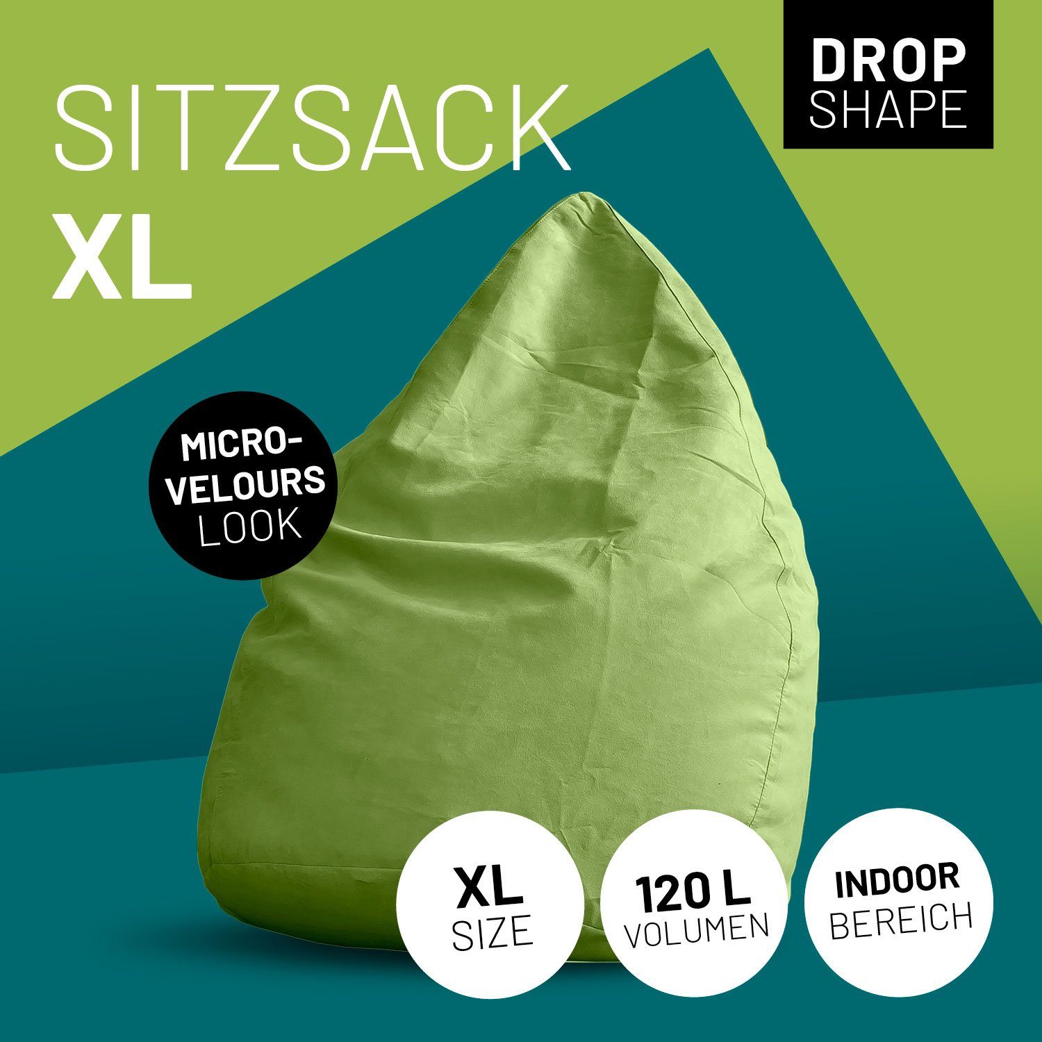 Bag Sitzsack Sitzkissen Lumaland Microvelours XL grün Bodenkissen 60x45cm, weich 120L Bean waschbar Luxury robust
