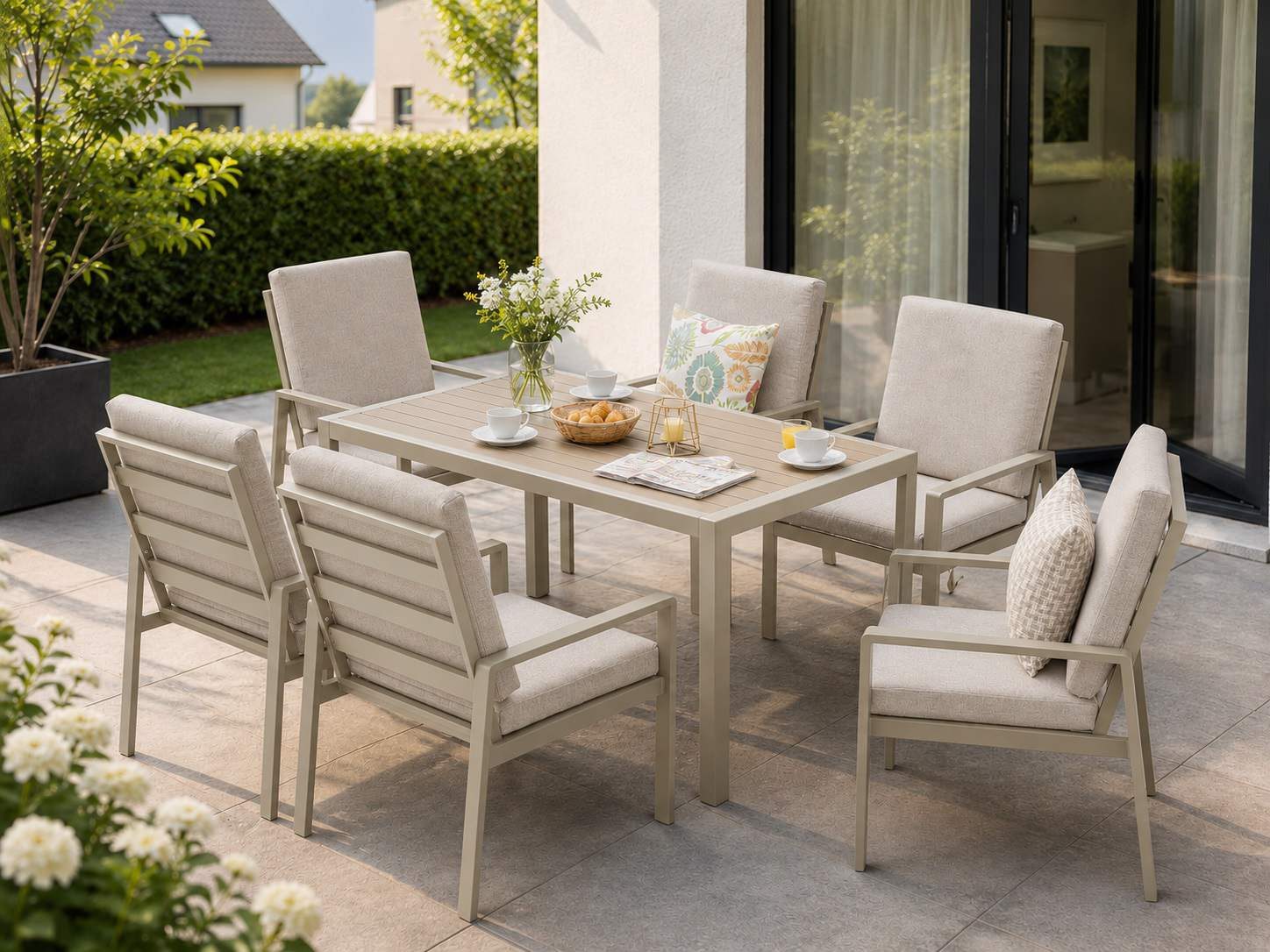 MeXo Gartenlounge-Set Gartenmöbel Set Aluminium Outdoor, (Garten-Essgruppe für 6 Personen, 7-tlg., mit Polywood Tisch & Auflagen), wetterfest für Terrasse & Garten