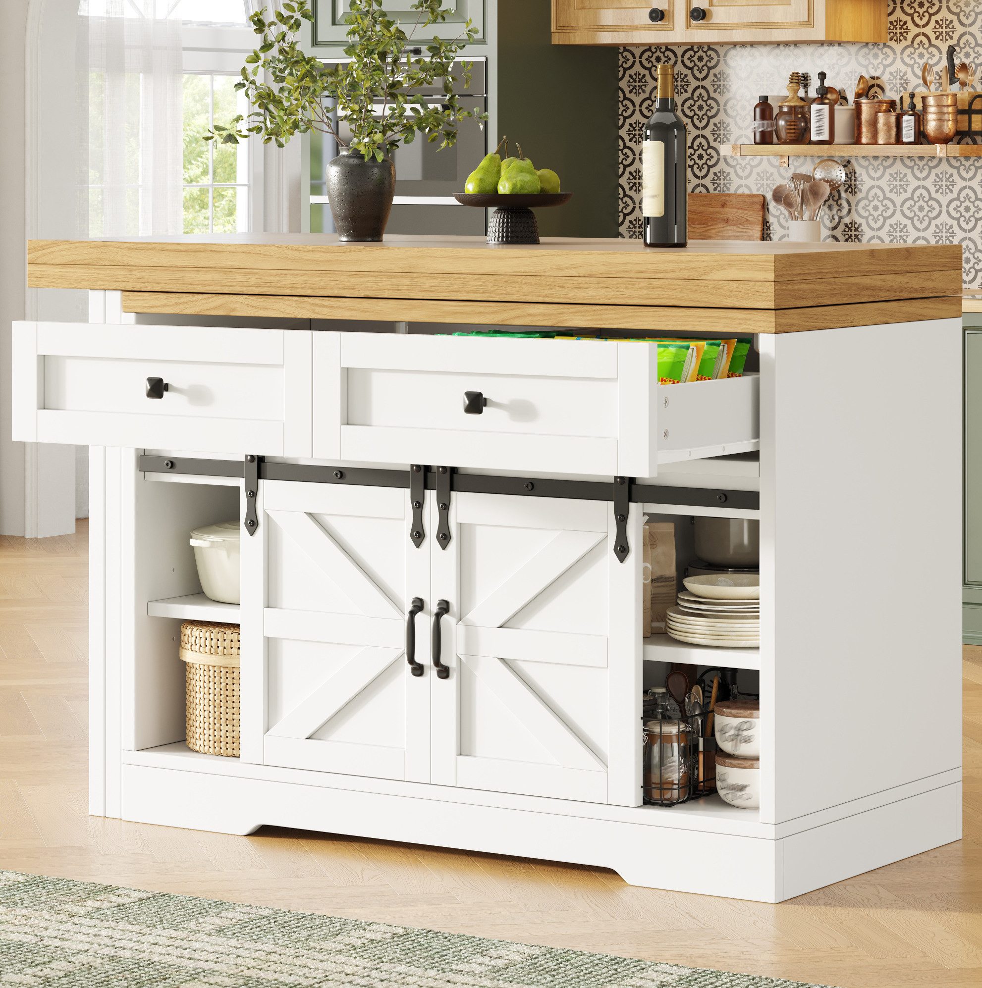 REDOM Kücheninsel Küchenmöbel mit Esstisch 2-in-1 Design und Stauraum, (Ausziehbarer Tisch mit Scheunentor Schranktür im Weiß Design), Drehbare Paneele 360° mit Seitenschrank und Schubladen