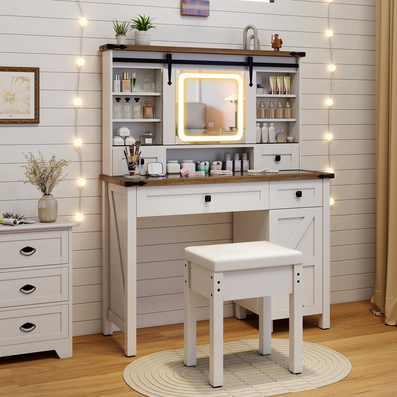COSTWAY Schminktisch (1-St), mit LED-Beleuchtung, Hocker, günstig online kaufen