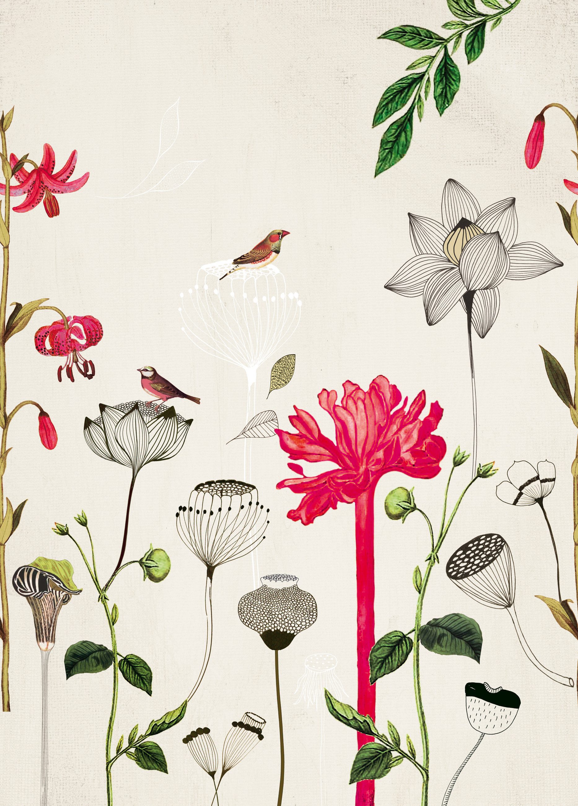 Rasch Fototapete Blumen in Grün und Pink mit Vögeln, glatt, floral, mehrfarbig, geblümt, Motiv, botanisch, (1 Rolle, 1 St), 280 cm x 200 cm