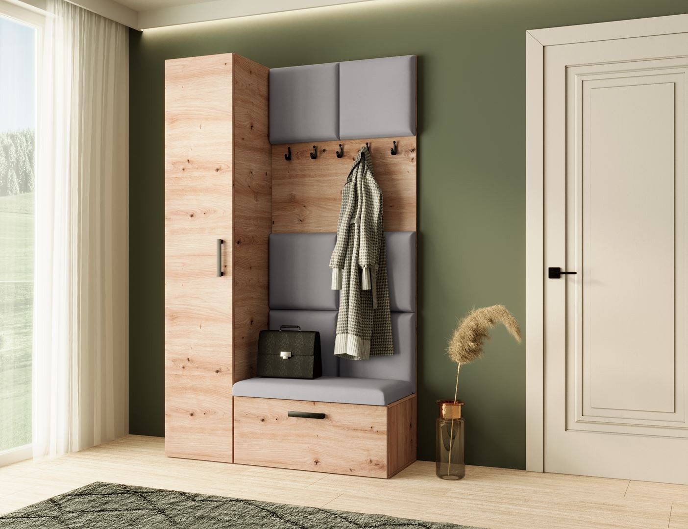 Beautysofa Garderoben-Set MARGARET mit Sitzbank, Kleiderhaken und eintürigem Kleiderschrank, (gepolsterten Paneelen, Höhe: 203 cm), verschiedene Farben und Breiten