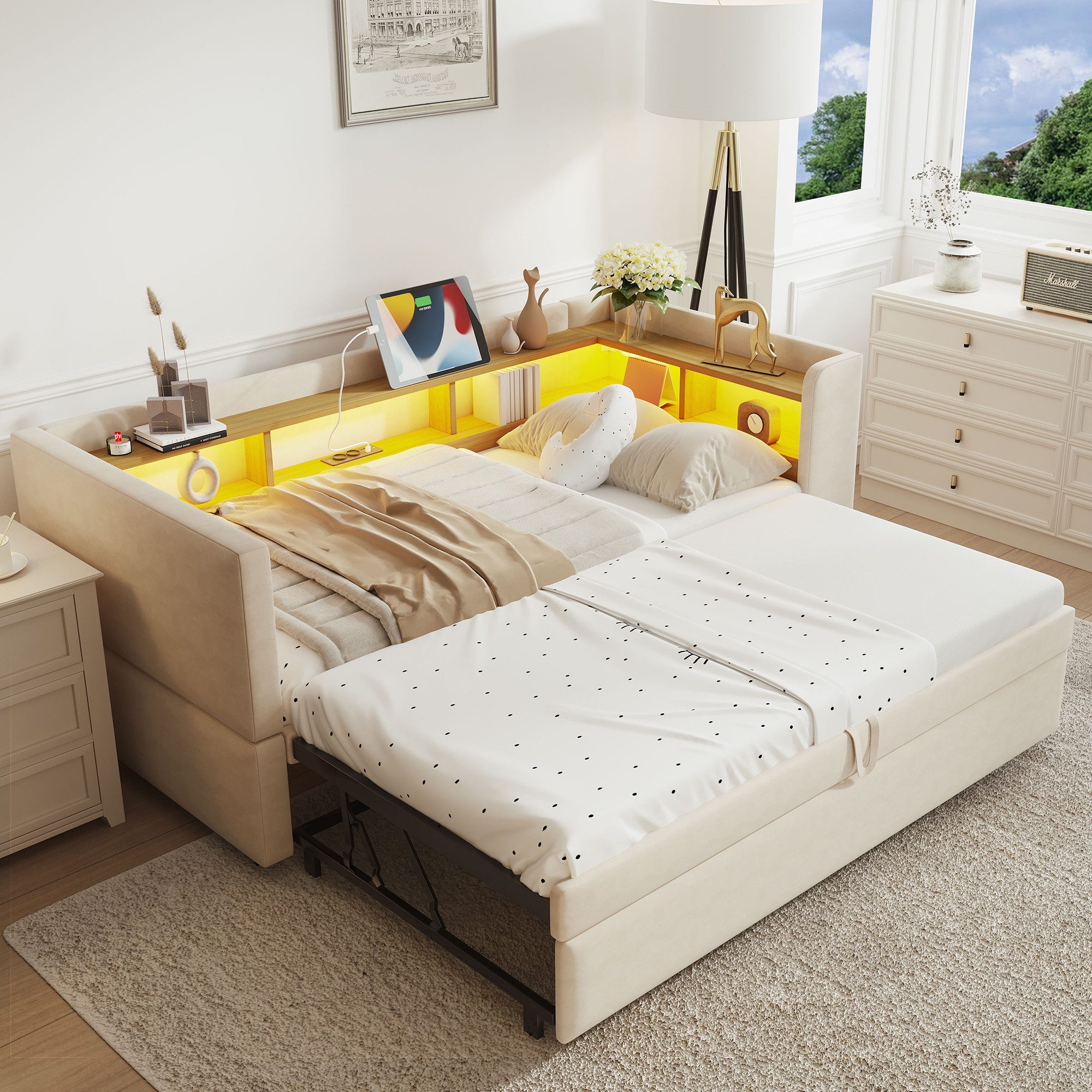 OKWISH Schlafsofa Polsterbett,mit USB-Anschluss, LED-Beleuchtung, Ausziehba günstig online kaufen