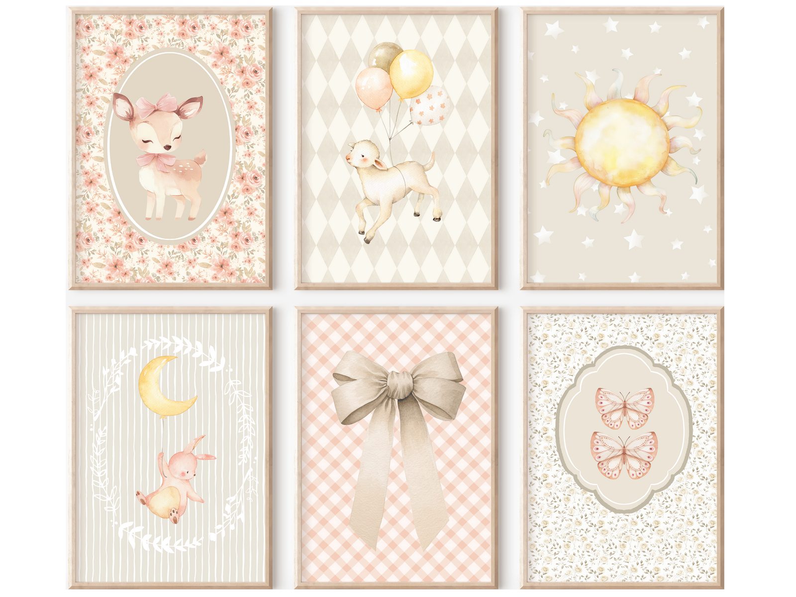 homestyle-accessoires Poster Kinderzimmer Bilderwand 6erSet Bilderset Babyzimmer SONNE MOND BAMBI, Hochformat, Künstlerpapier, ohne Rahmen