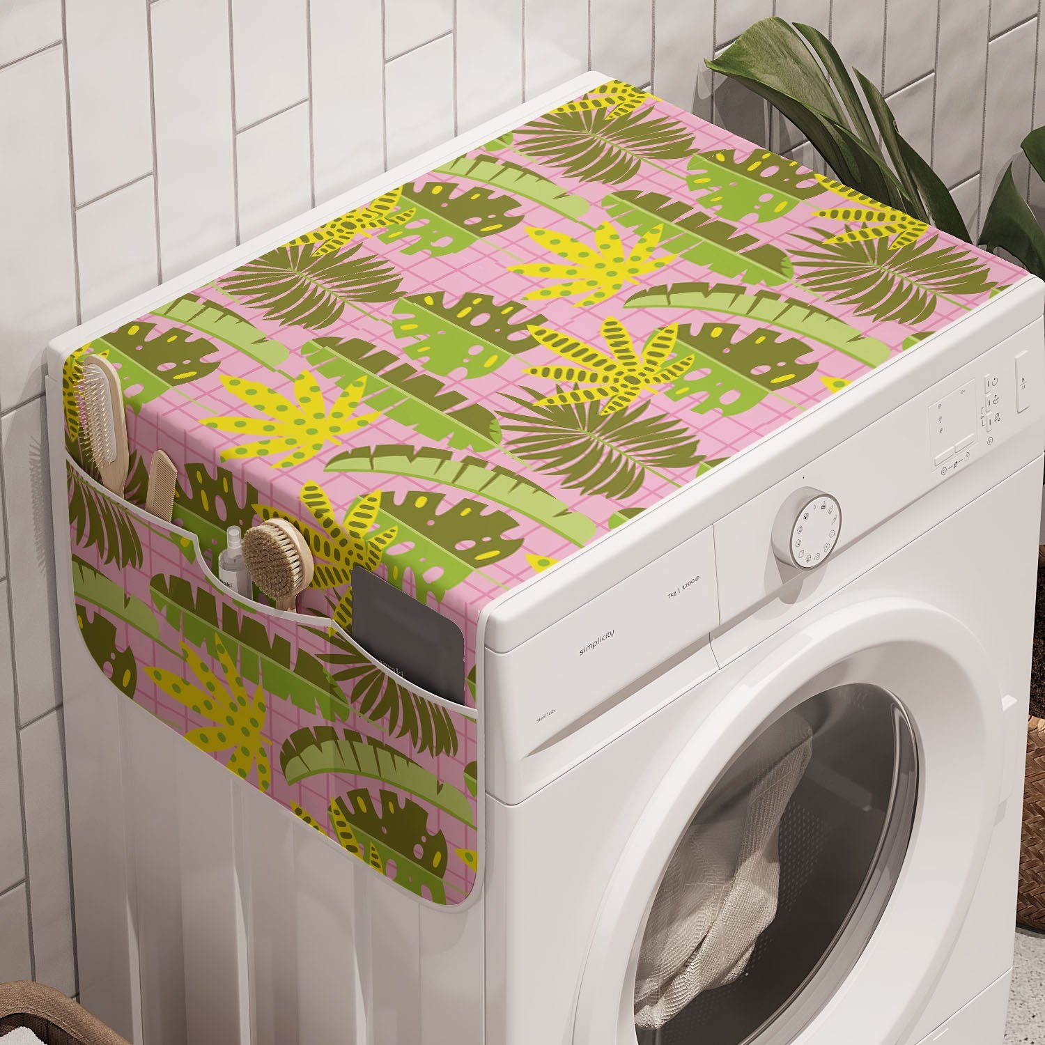 auf und Checkered Anti-Rutsch-Stoffabdeckung Abakuhaus Waschmaschine Exotisch Trockner, Tropic Blätter Badorganizer für