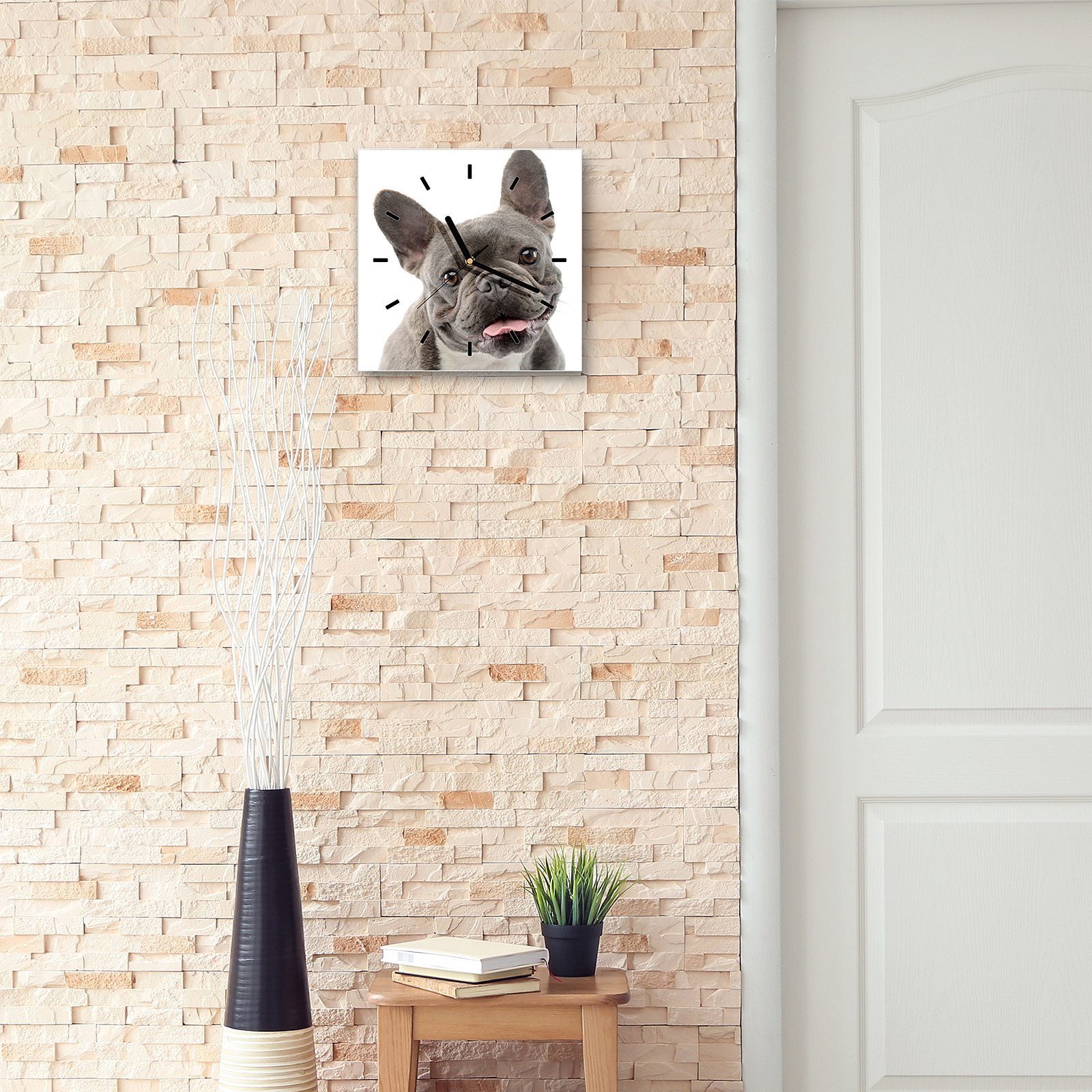 mit Wanduhr streckt Zunge Motiv 30 Hund Glasuhr Wandkunst cm x Wanduhr Primedeco Größe 30 raus