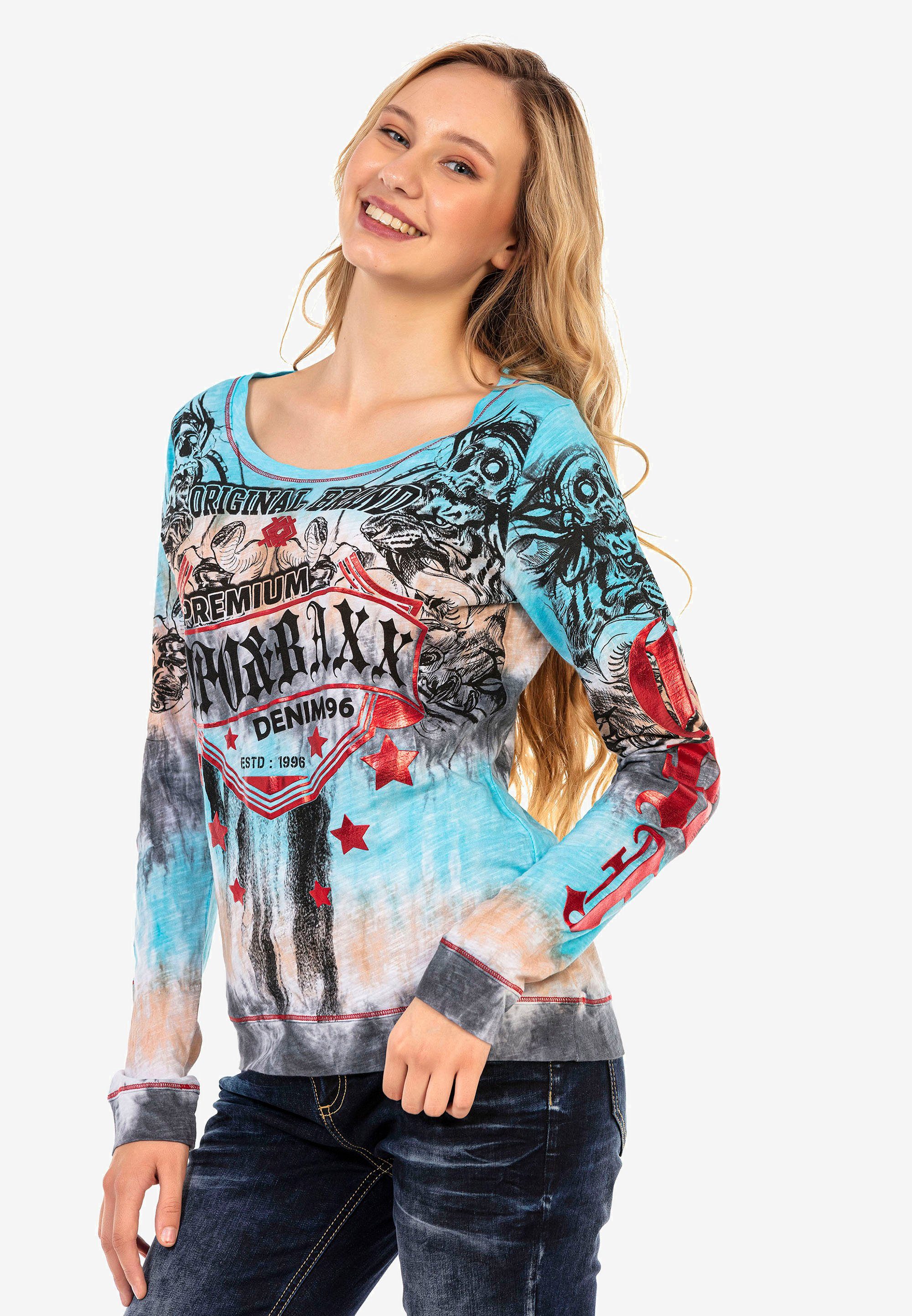 Markenprint Cipo blau-mehrfarbig coolem mit Langarmshirt & Baxx