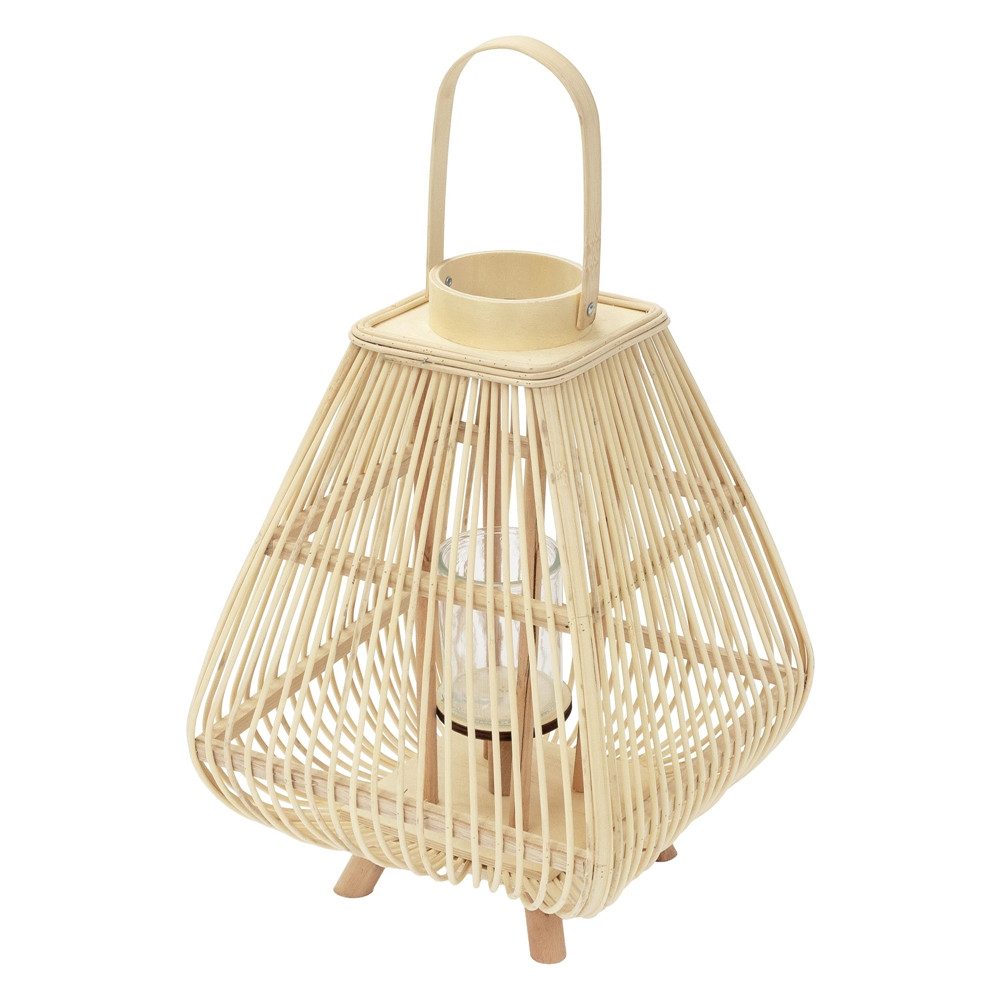 ECD Germany Kerzenlaterne Boho Bambus Laterne Windlicht Holzfarbe Gartenlaterne Kerzenhalter, Deko Laterne H:55,5cm mit Henkel & Glaseinsatz für Terrasse Wohnzimmer