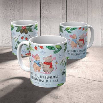 Mr. & Mrs. Panda Tasse Mäuse Weihnachten - Weiß - Geschenk, Büro Tasse, Advent, Teebecher, N, Keramik, Einzigartiges Botschaft