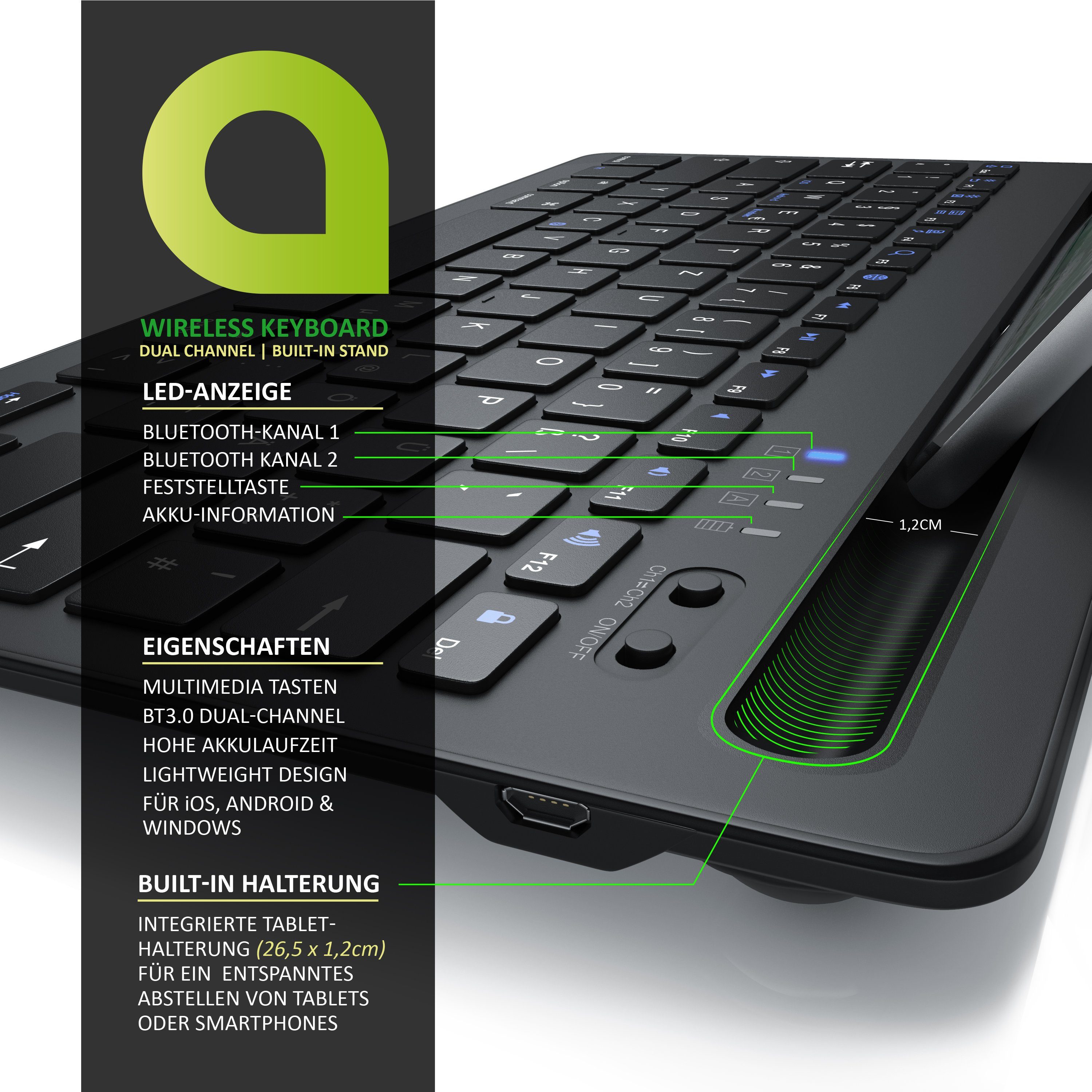 Aplic Tablet-Tastatur (Bluetooth, Akku, für Tablet iOS, mit Android, Windows) Halterung