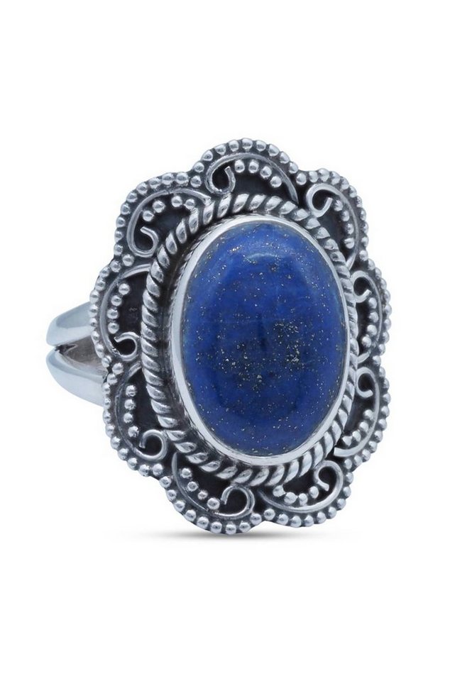 mantraroma Silberring 925er Silber mit Lapis Lazuli, Farbe: blau;  Steinform: oval; Stil: blumig
