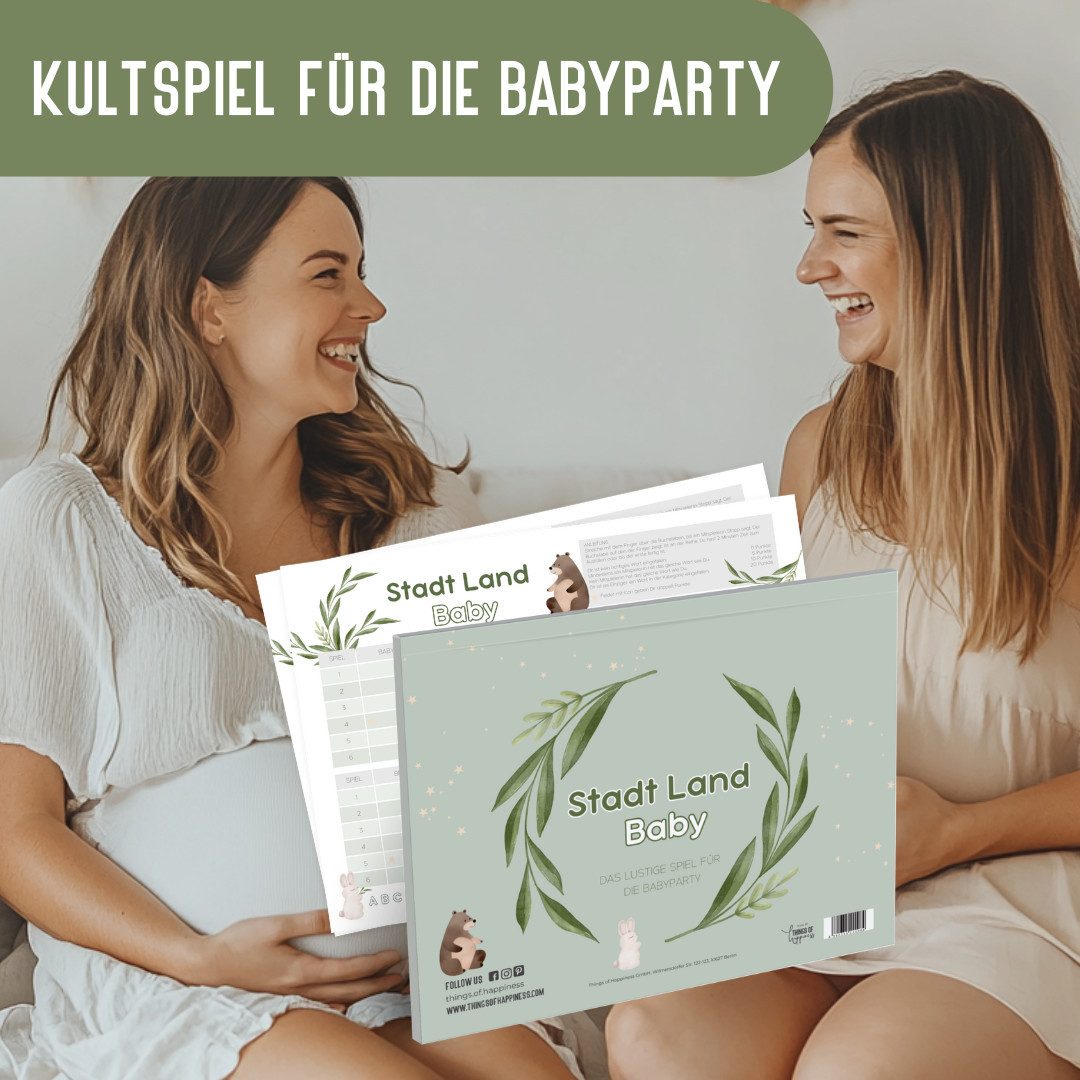 Things of Happiness Spiel Stadt, Land, Fluss, Baby, Babyparty Spiel, Kultspiel für die Babyshower Party, Quizblock DIN A4 mit 50 Blatt
