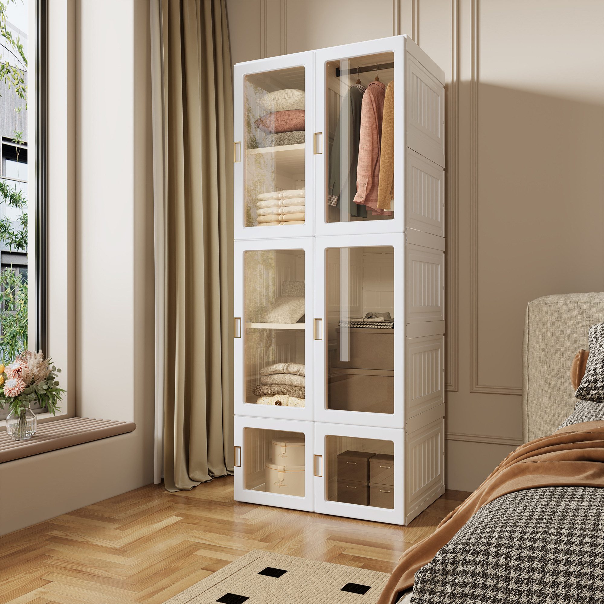 SEEZSSA Garderobenschrank Kleiderschrank mit Transparenten Türen 10 Fächer 6 Türen Aufhängung, (Set, 1-St) Kleiderschrank für das Schlafzimmer Wohnzimmer Diele 170x69x50cm