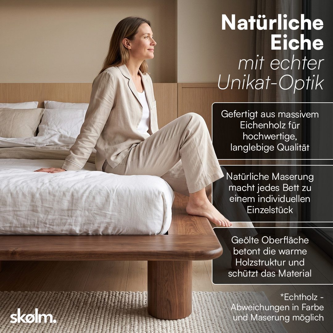 skølm Futonbett Vestri aus massiver Eiche (Walnussoptik, 140x200 cm), Massivholzbett lackiert, niedriges Doppelbett mit 25 cm Höhe