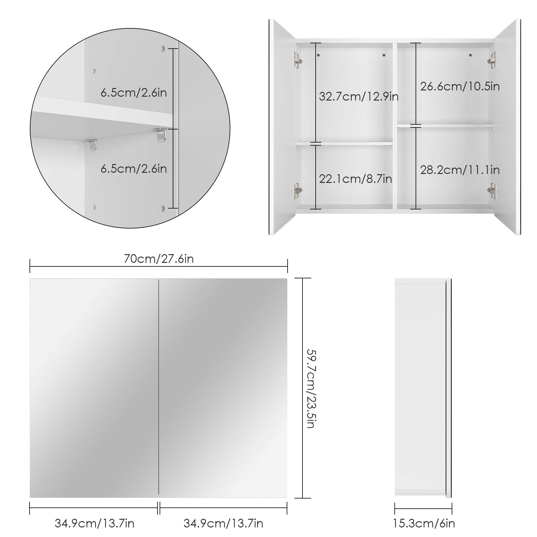 Homfa Spiegelschrank Badezimmerschrank mit 4 Fächern, Breite 70 cm, weiß, Holz – Bild 4 von 5
