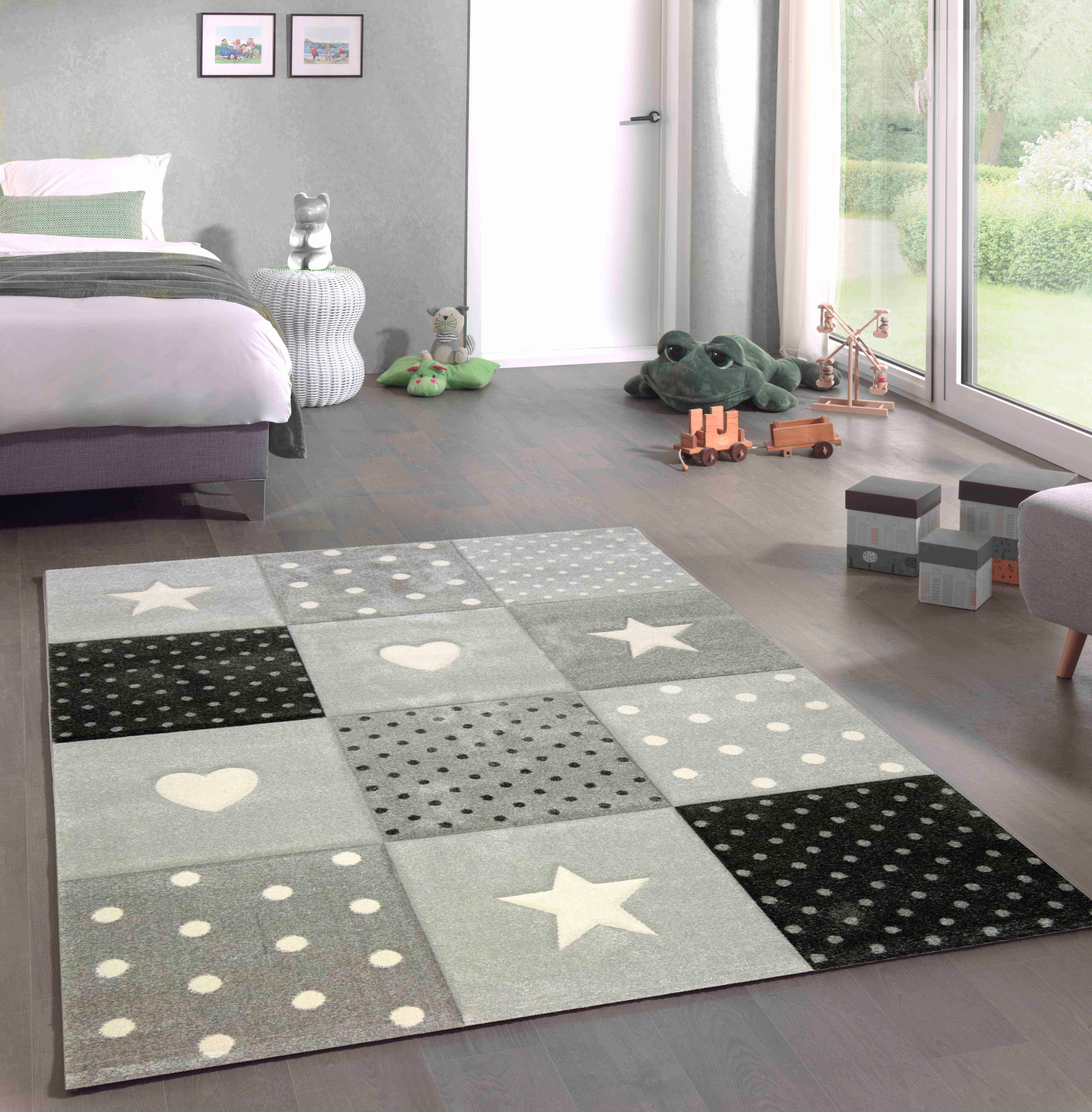 Carpetia Kinderteppich Kinderteppich Kinderzimmer Punkte Herz Stern Design creme schwarz grau, rechteckig, Höhe: 13 mm