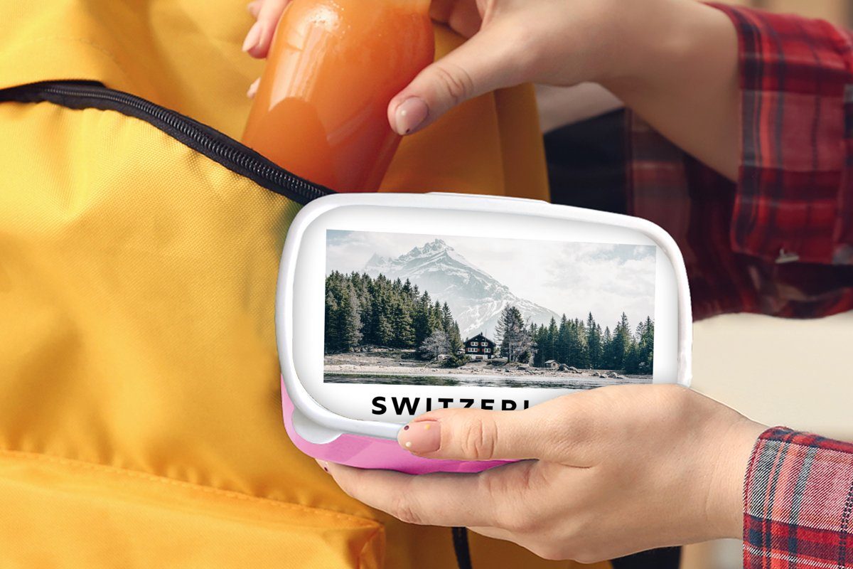 MuchoWow Lunchbox Schweiz - Kinder, für Kunststoff, Berg - Grün, Erwachsene, Snackbox, rosa Brotdose Mädchen, Chalet Kunststoff (2-tlg), - Brotbox