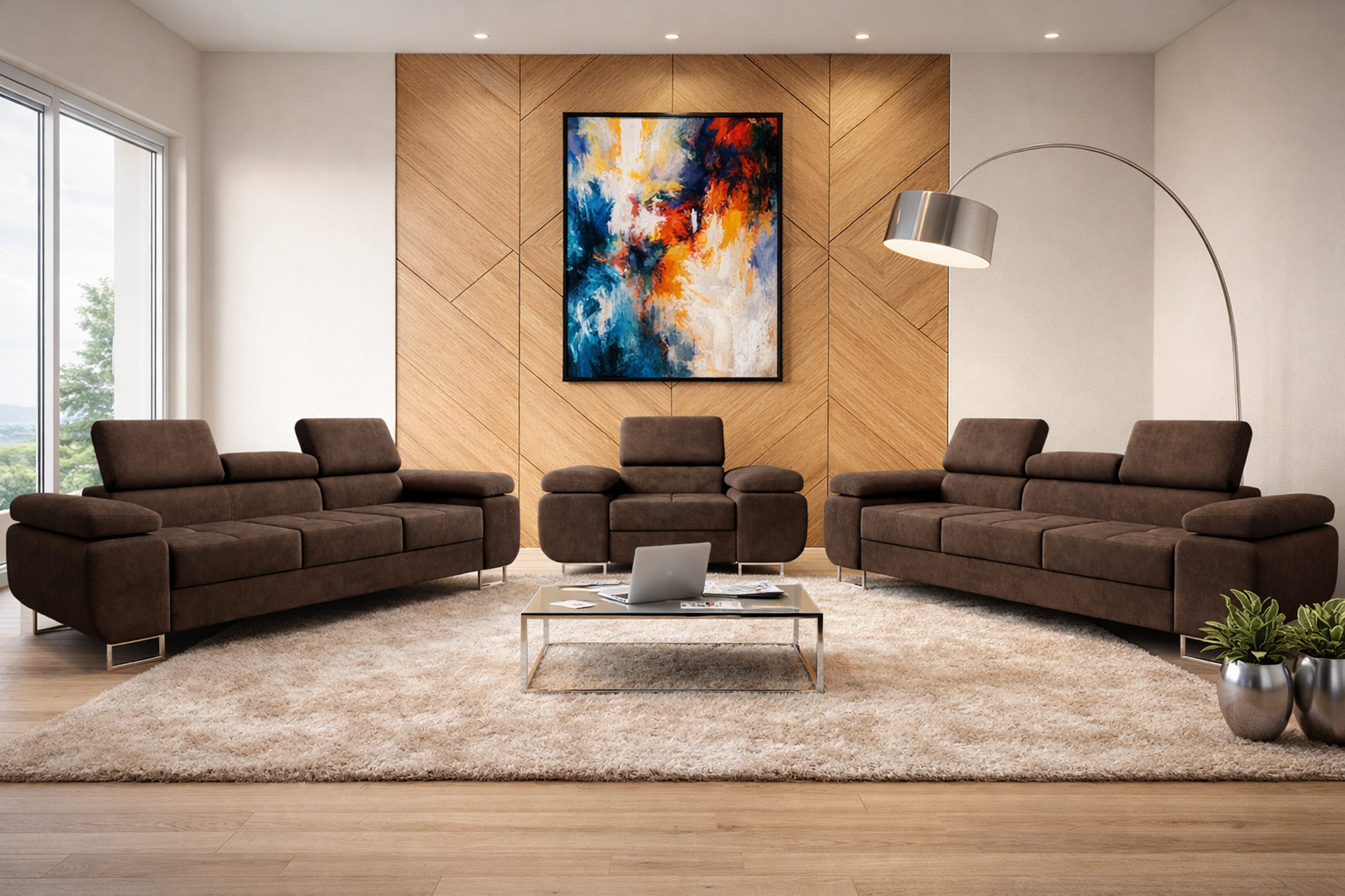 M-Punkt24 Polstergarnitur Sofa Wohnlandschaft DUBAI, (3-3-1, mit Bettfunktion, XL Sofa-Set, Bigsofa, Samt, Braun), Bestehend aus 3-Sitzer mit Bettfunktion, Sess – Bild 2 von 5