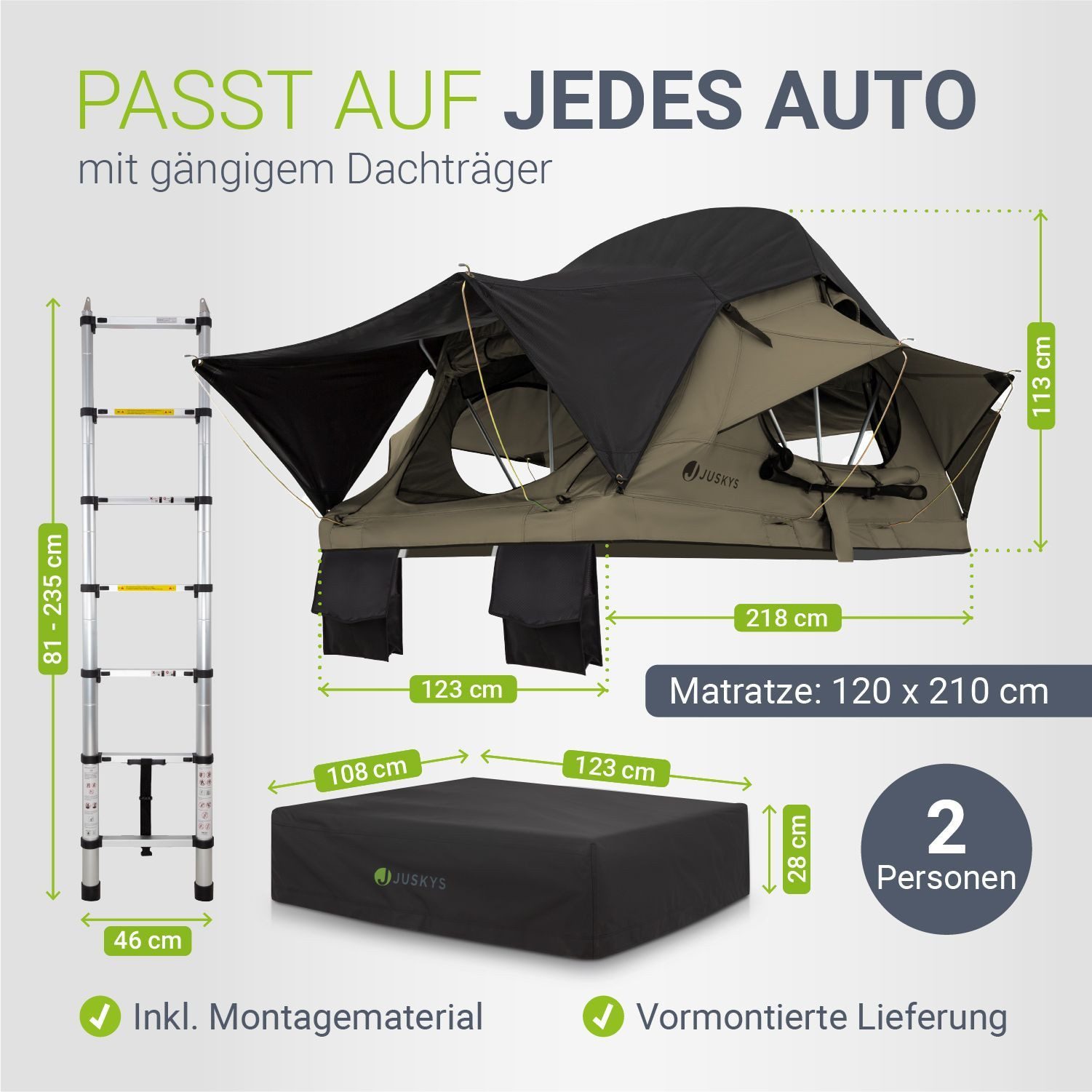 Juskys Dachzelt Lago, Wasserdicht, Teleskopleiter, 2 Personen Zelt, LED Beleuchtung