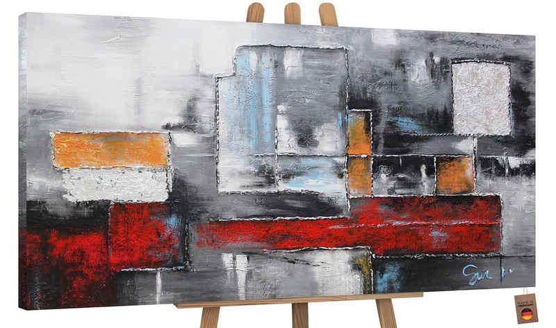 YS-Art Gemälde Abstraktion, Abstraktion, Abstraktes Leinwand Bild Handgemalt Quadrat Rechteck Rot Orange