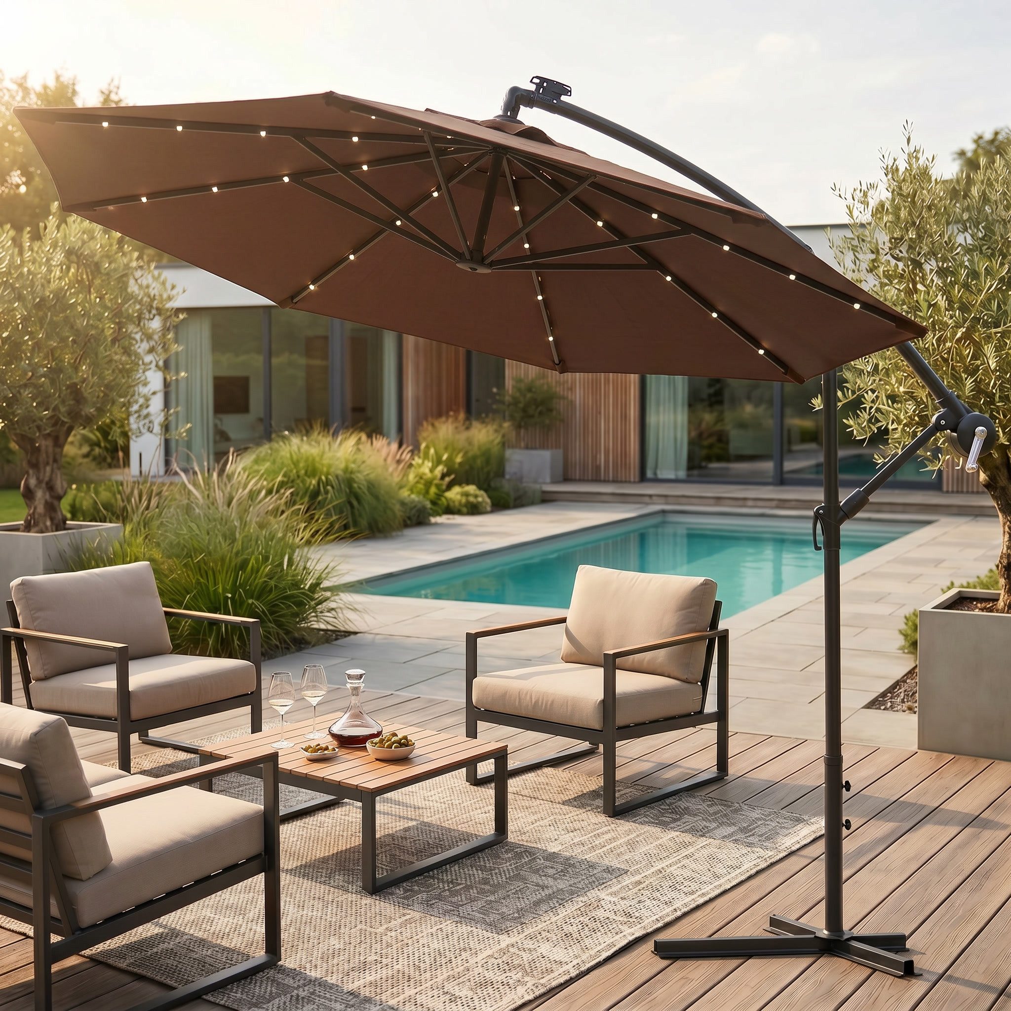 Swing&Harmonie Sonnenschirm mit LED Beleuchtung Luxus Ampelschirm 300 / 350cm, Garten Schirm inkl. Abdeckhaube